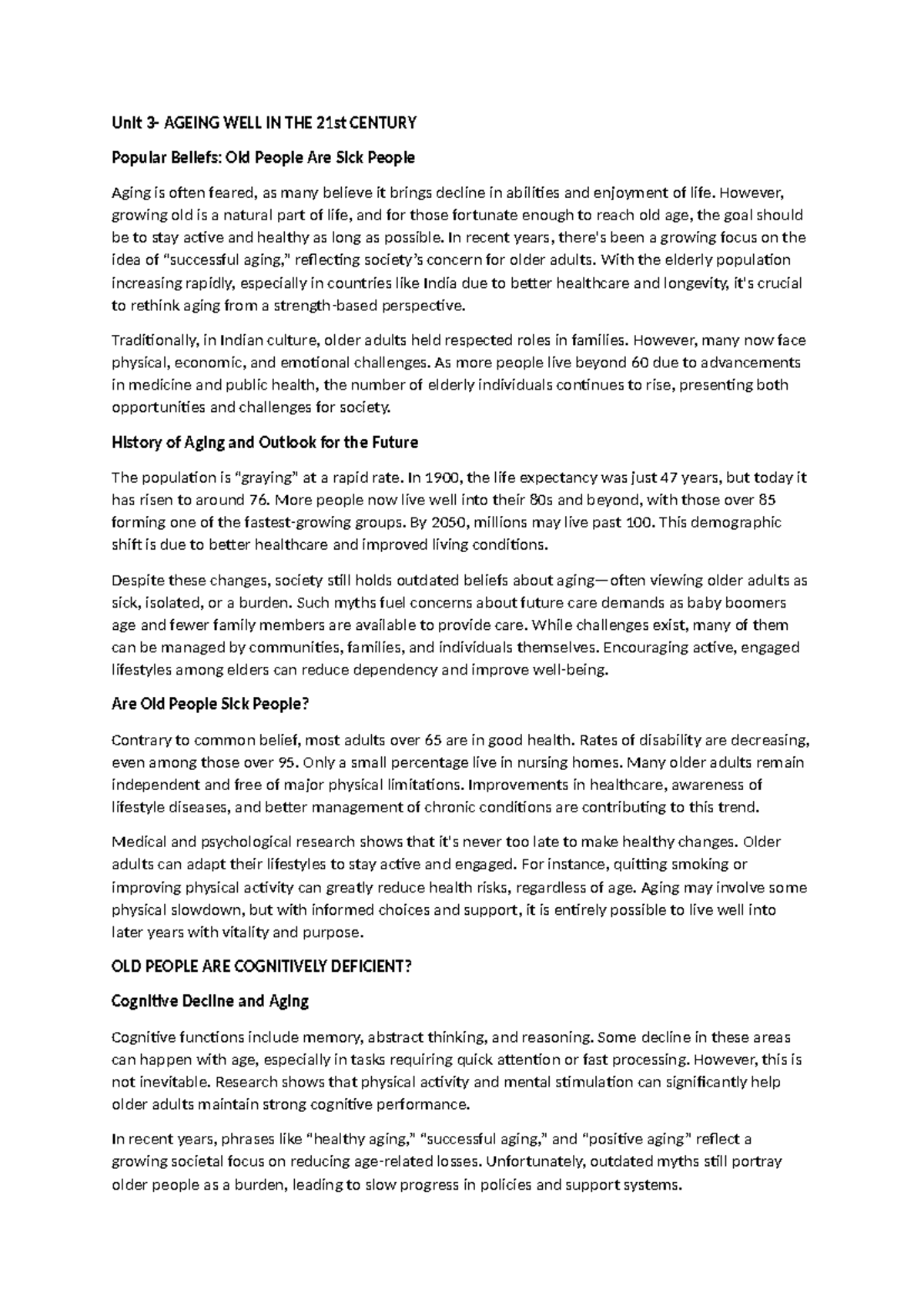 Module 2 Unit 3: Rethinking Aging - Myths and Realities of Elderly ...
