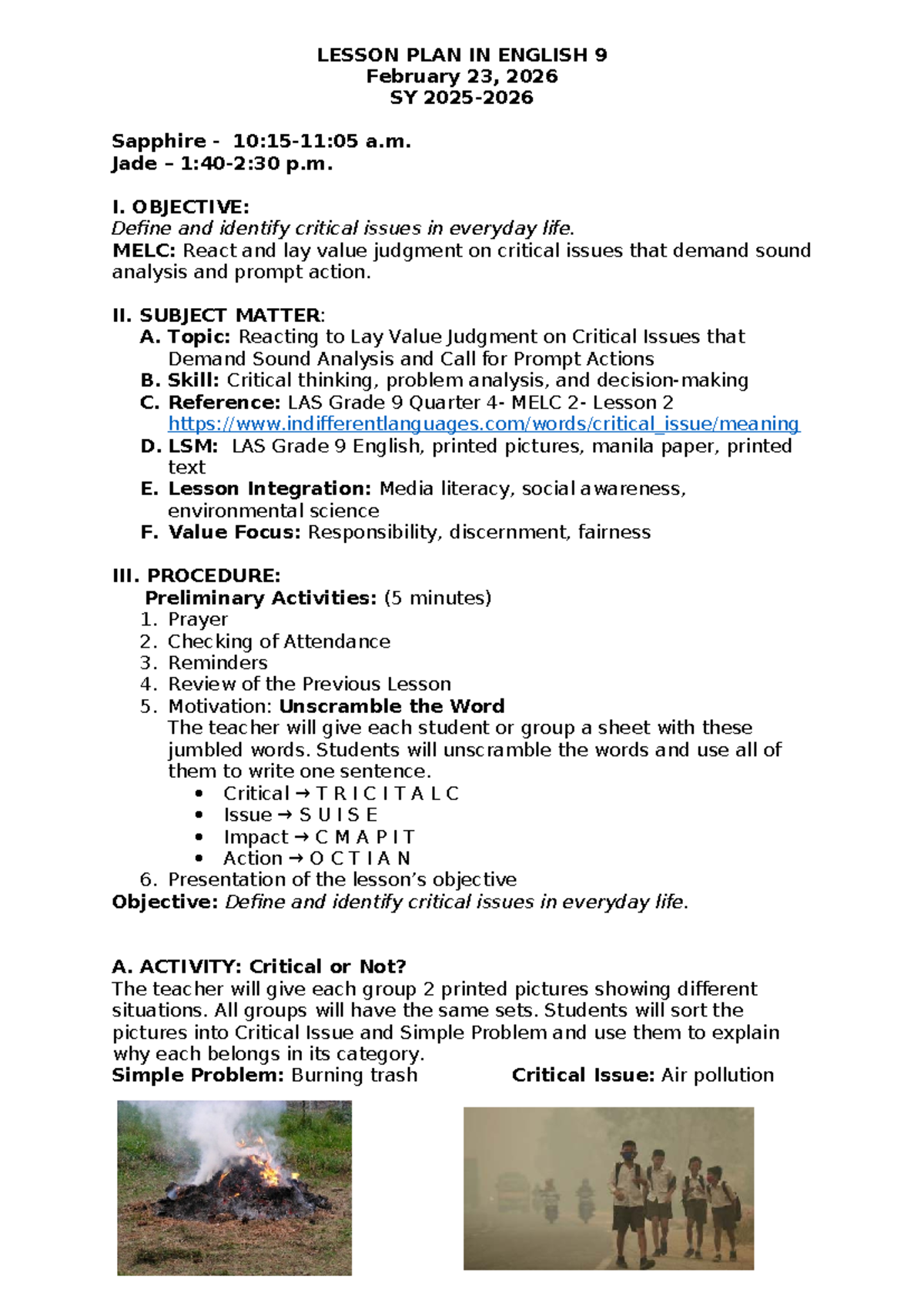 DLP in English 9: Lesson Plan on Critical Issues - Feb 23, 2026 - Studocu
