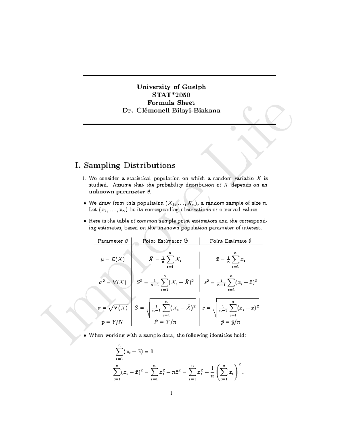 F25 Statistics Formula Sheet: Sampling Distributions and Inference ...