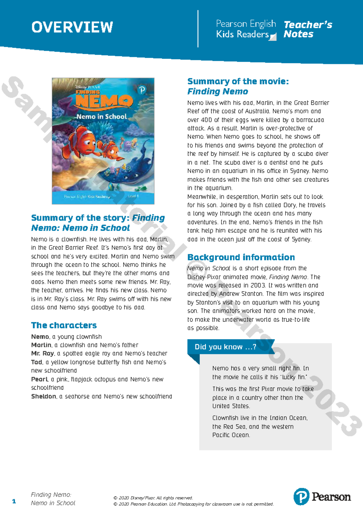 Finding Nemo: Nemo in School - Teacher's Notes (L1) - Studocu