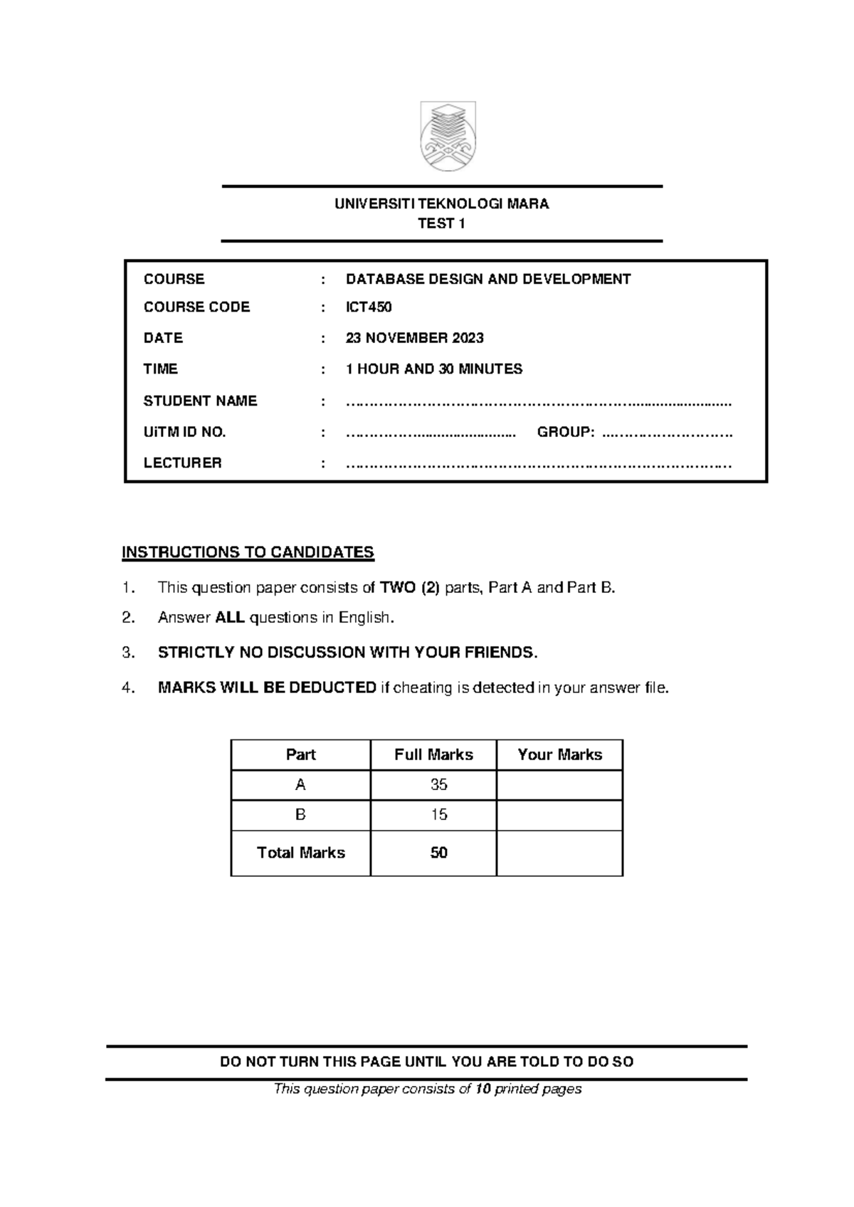 TEST ICT450 DATABASE DESIGN - NOV 2023 EXAM QUESTIONS & ANSWERS - Document Preview