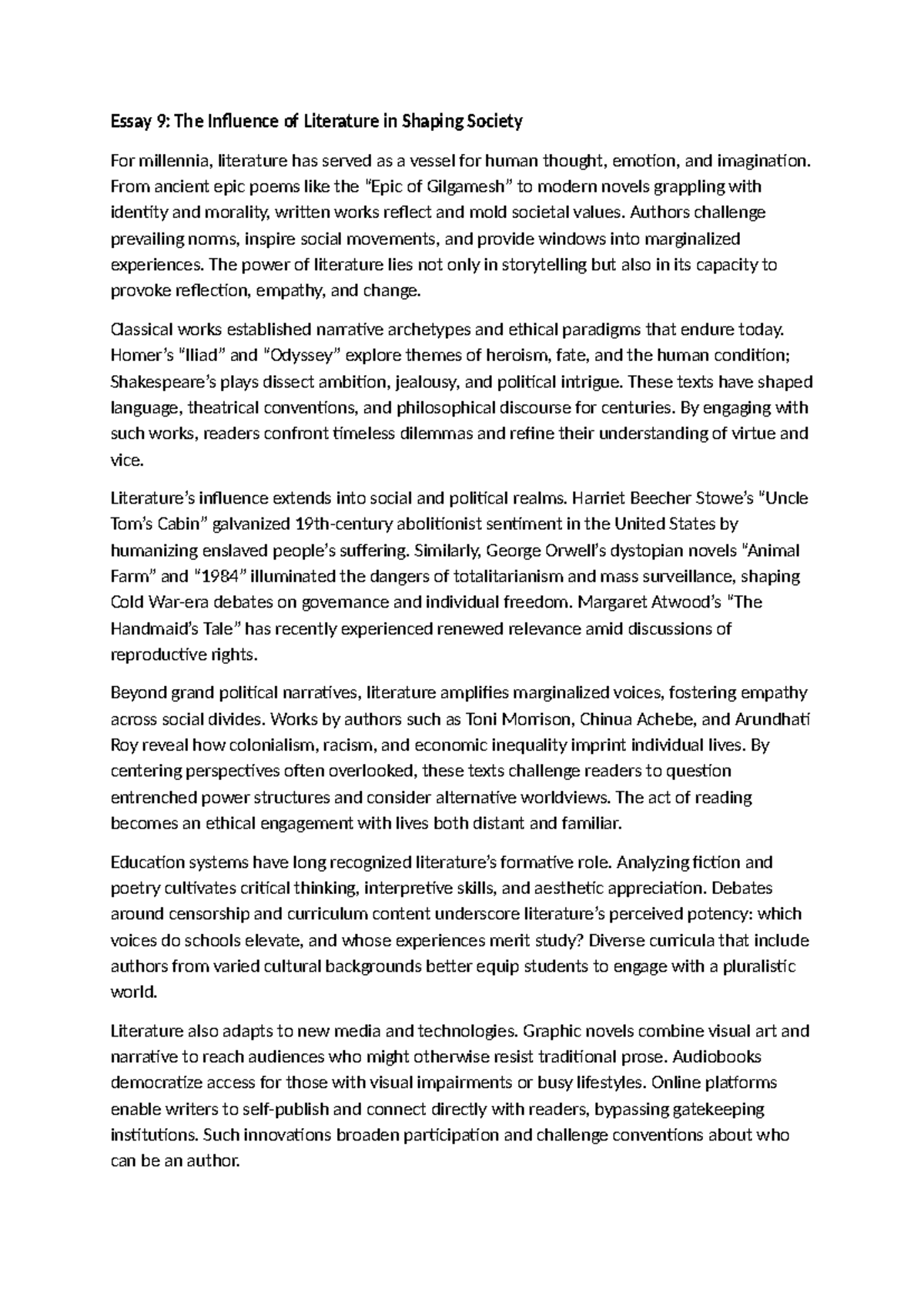 Essay 9: The Impact of Literature on Society and Culture - Studocu