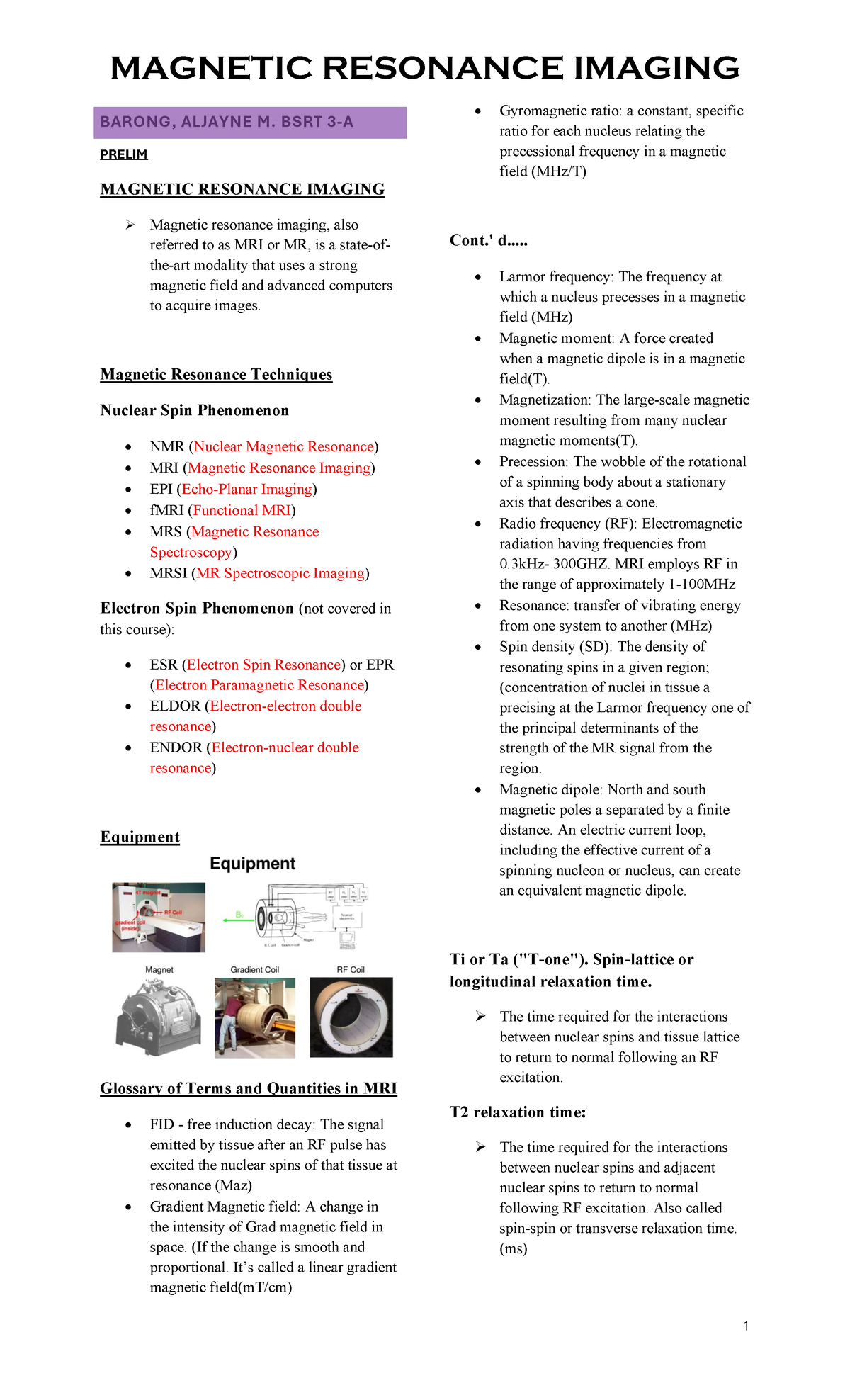 RT202320 Magnetic Resonance Imaging (MRI) Preliminary Notes - Studocu