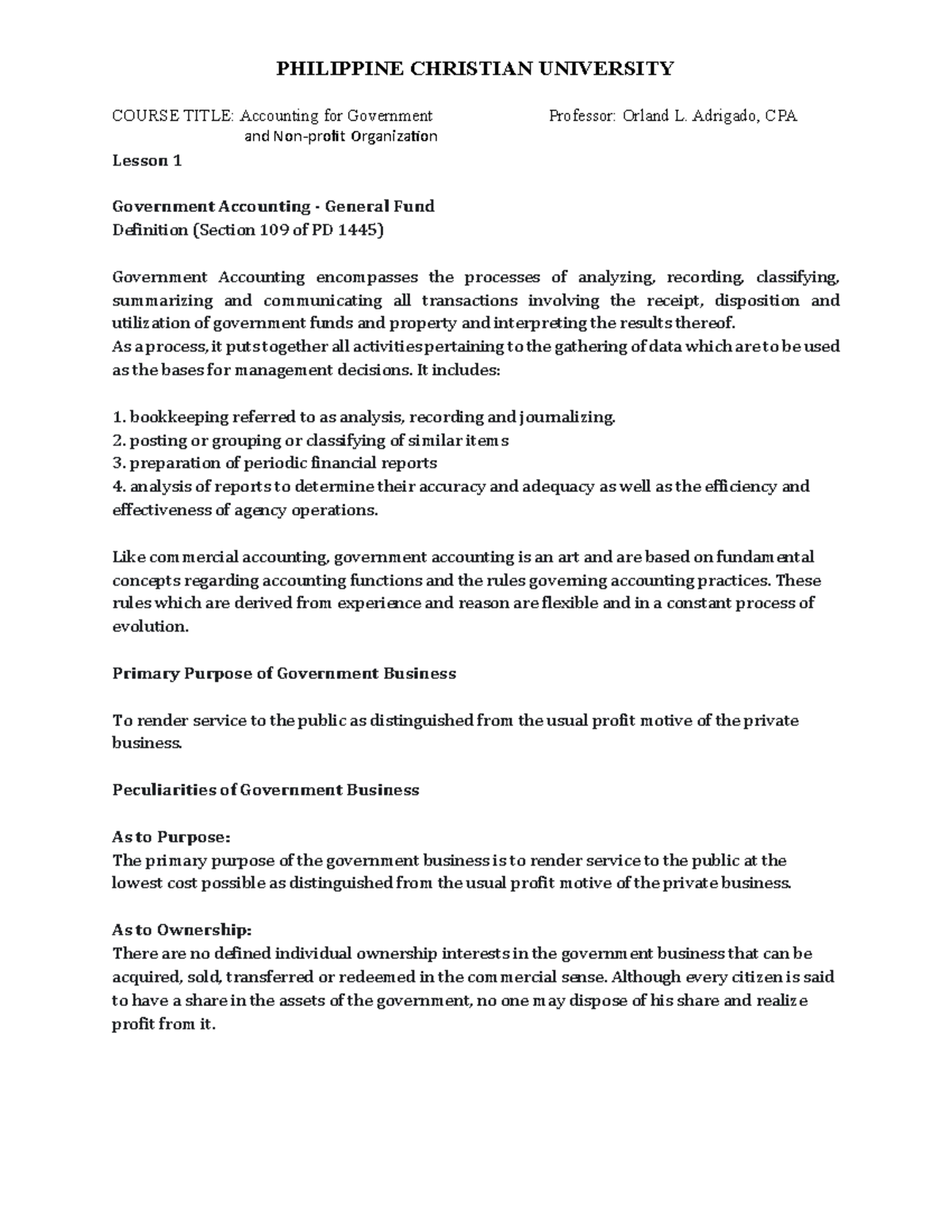 PCU ACC 101: Government Accounting Lesson 1 Overview and Key Concepts ...