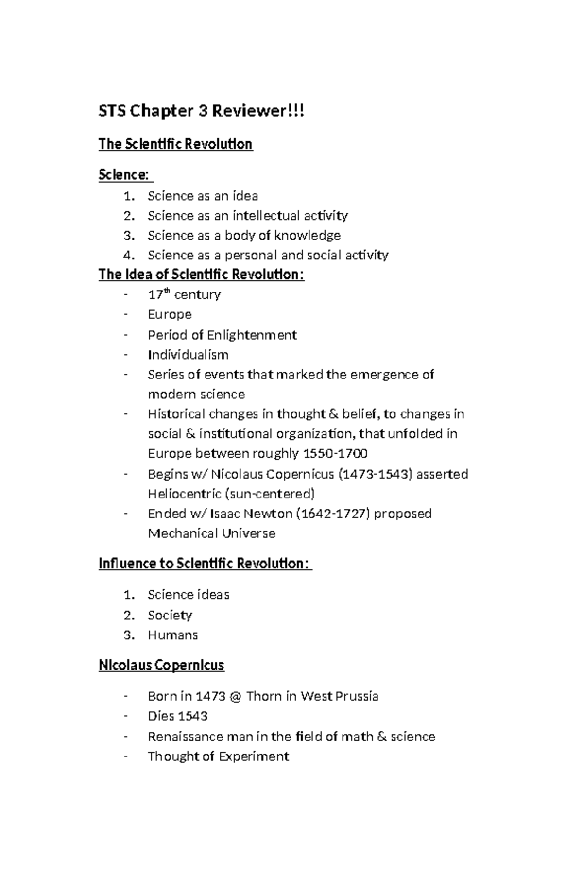 STS Chapter 3 Reviewer: The Scientific Revolution in GEC 102 - Studocu