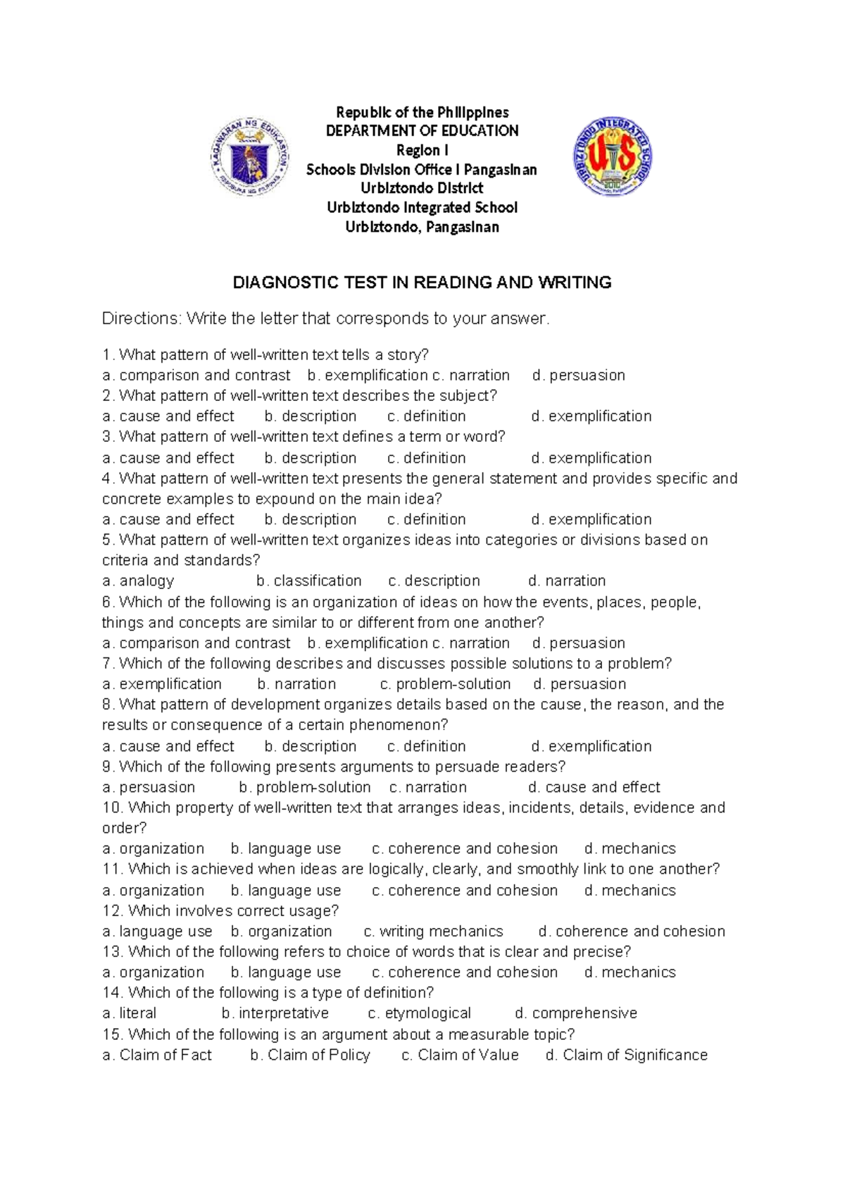Diagnostic Test in Reading and Writing (EDUC 101) - Studocu