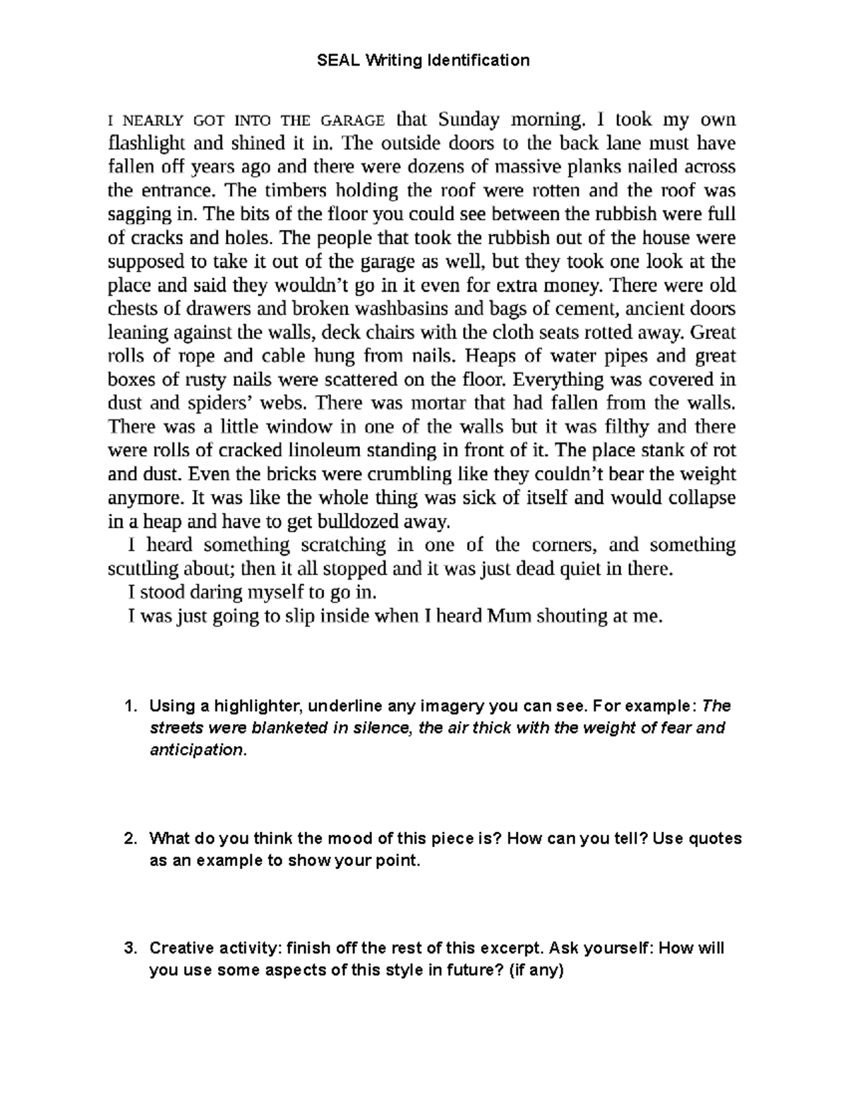 SEAL Writing Identification: Imagery and Mood Analysis (Level 7) - Studocu