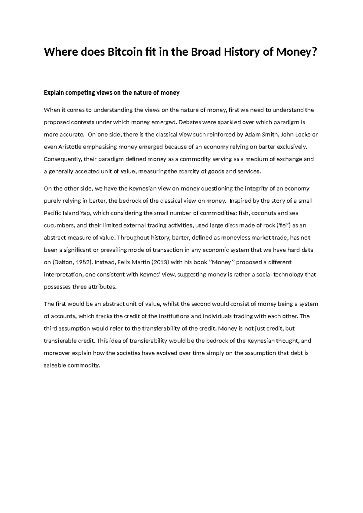 BEE3109 Essay: The Evolution of Money and the Impact of Bitcoin - Studocu
