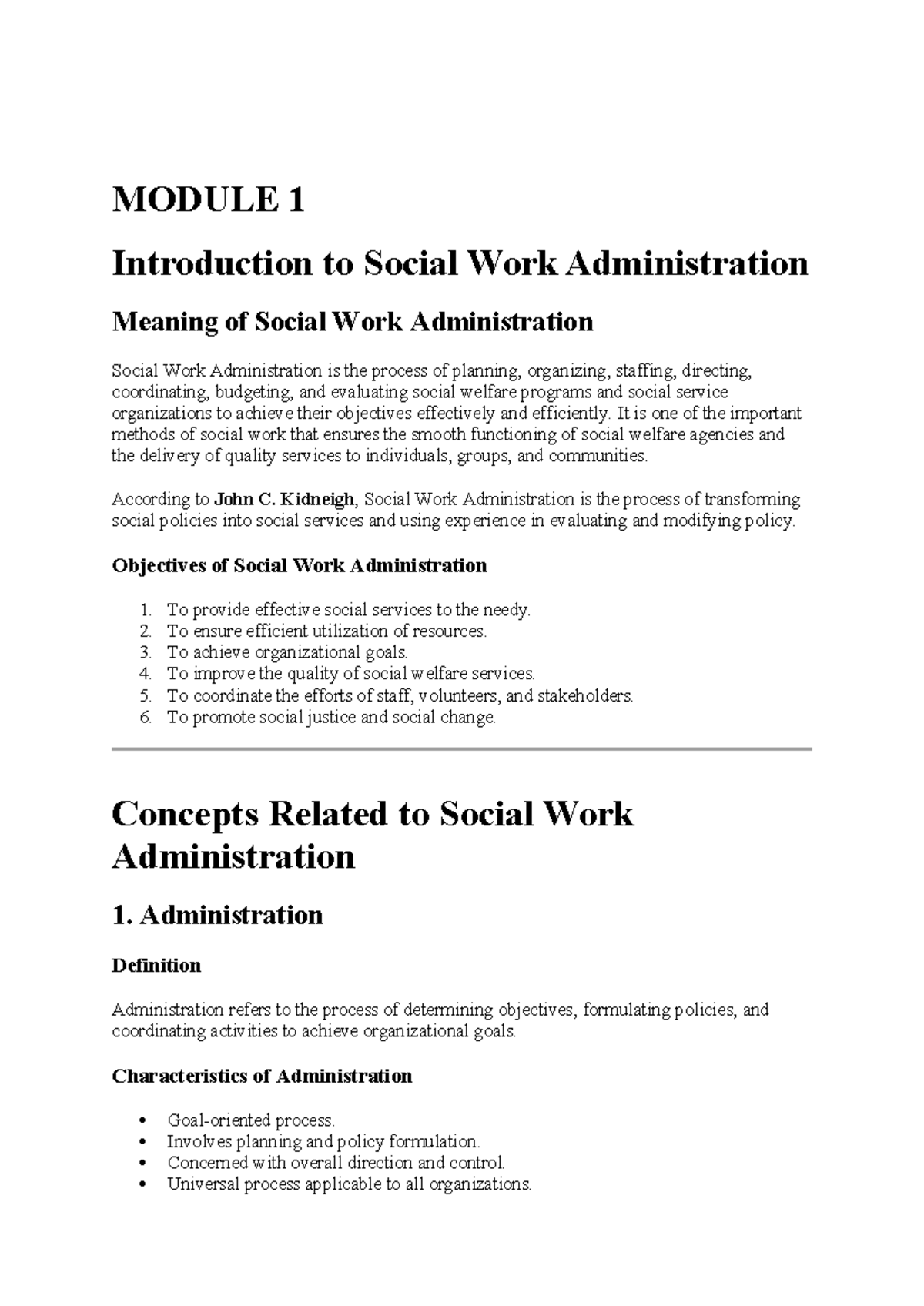 Module 1 - Introduction to Social Work Administration Notes - Studocu