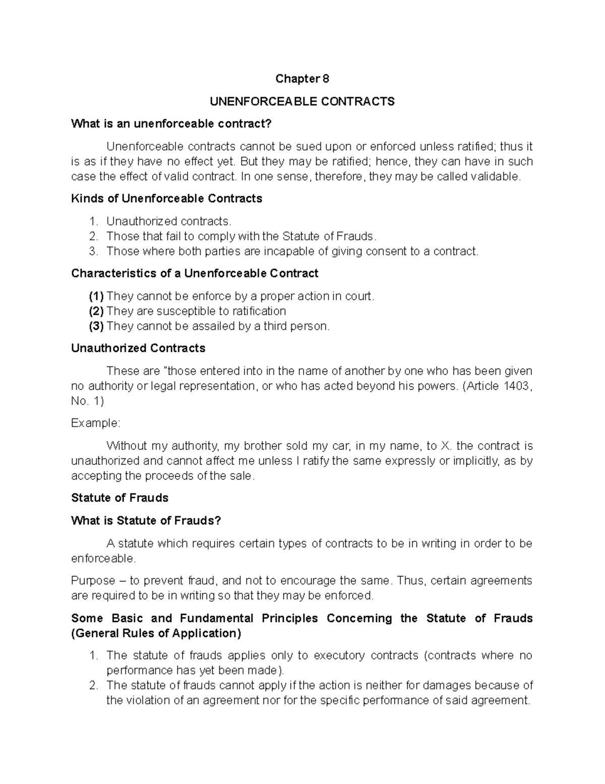 Chapter 8: Understanding Unenforceable Contracts and Statute of Frauds ...