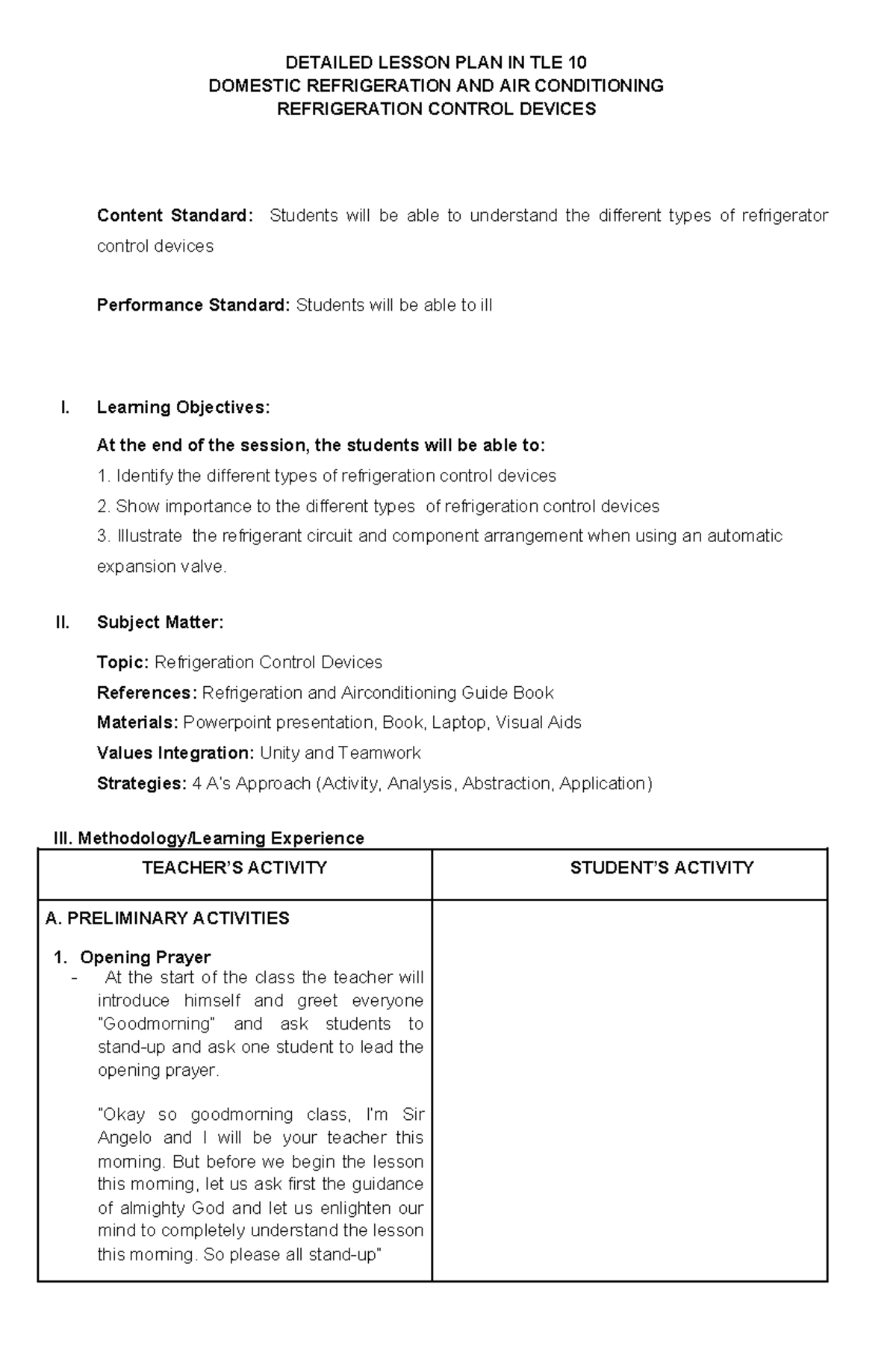 Detailed Lesson Plan on Refrigeration Control Devices - TLE 10 - Studocu