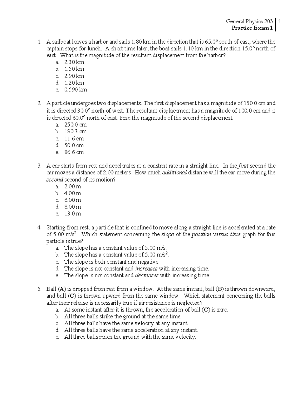 General Physics 203 Practice Exam 1: Displacement and Motion Problems ...