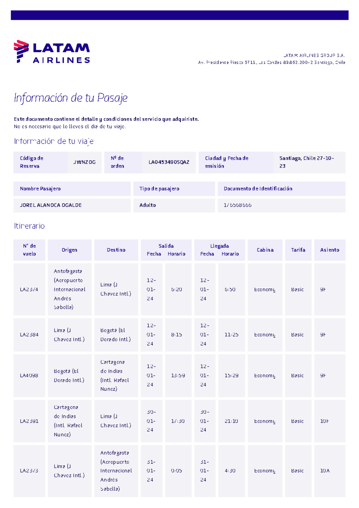 LA0453490: Detalle y Condiciones de tu Pasaje LATAM Airlines - Studocu