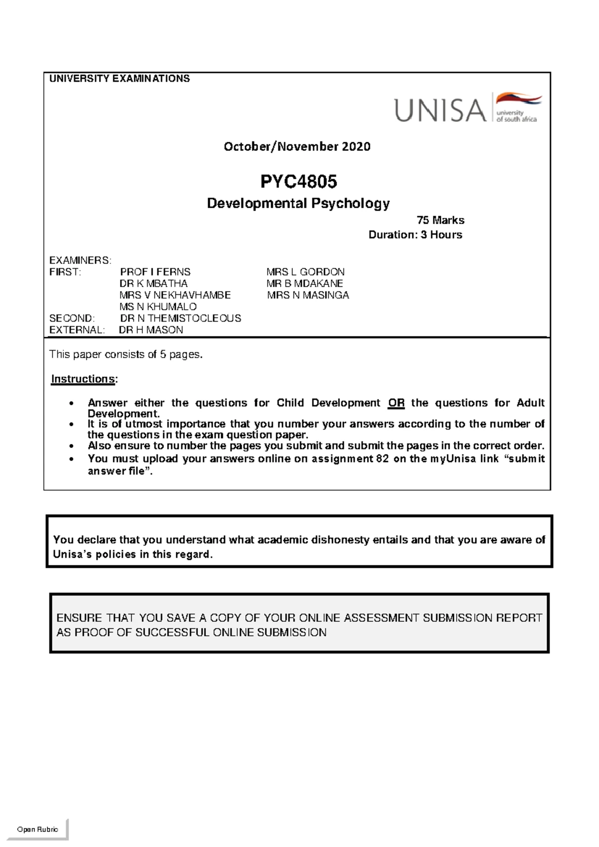 PYC4805 Oct/Nov 2024 - Developmental Psychology Exam Paper - Studocu