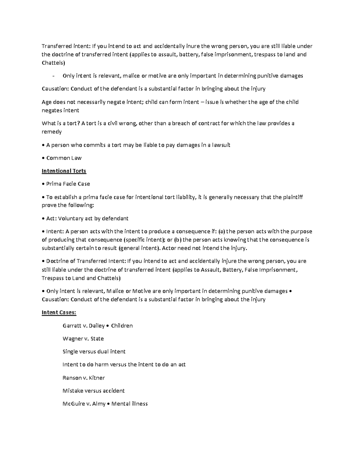 Torts Outline for Studying - Transferred intent: If you intend to act ...