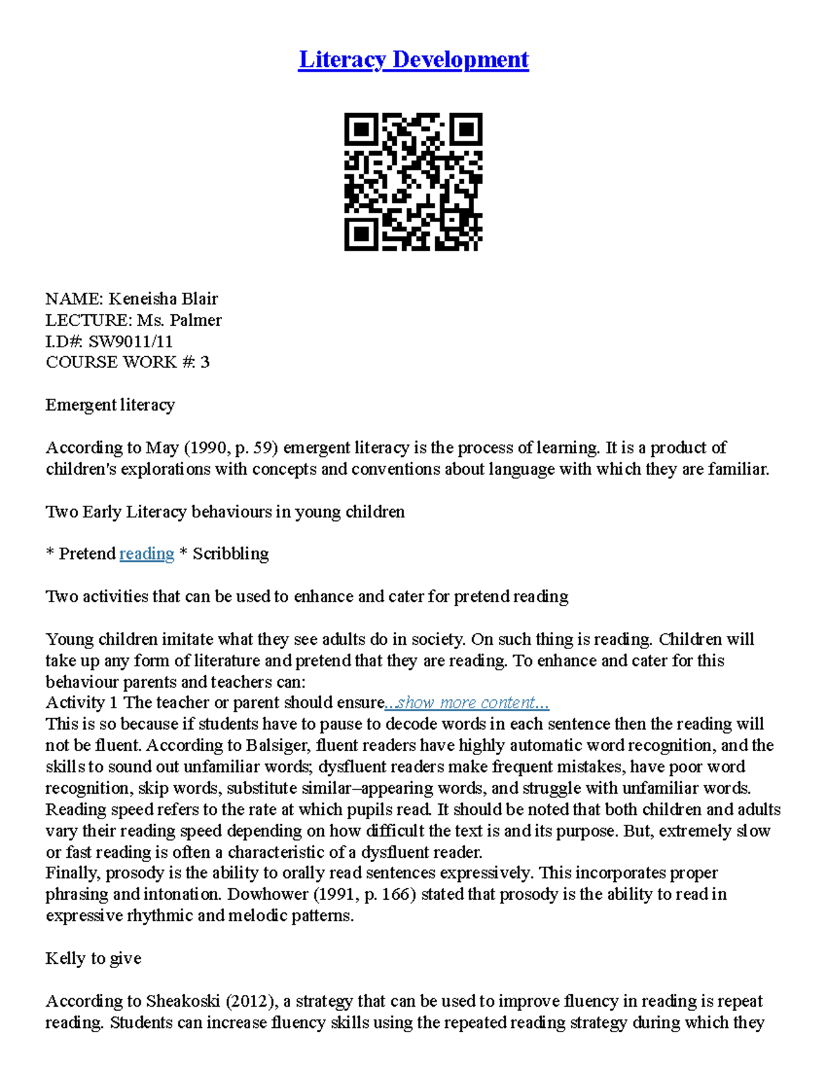 SW9011 Literacy Essay Examples and Key Concepts in Education - Studocu