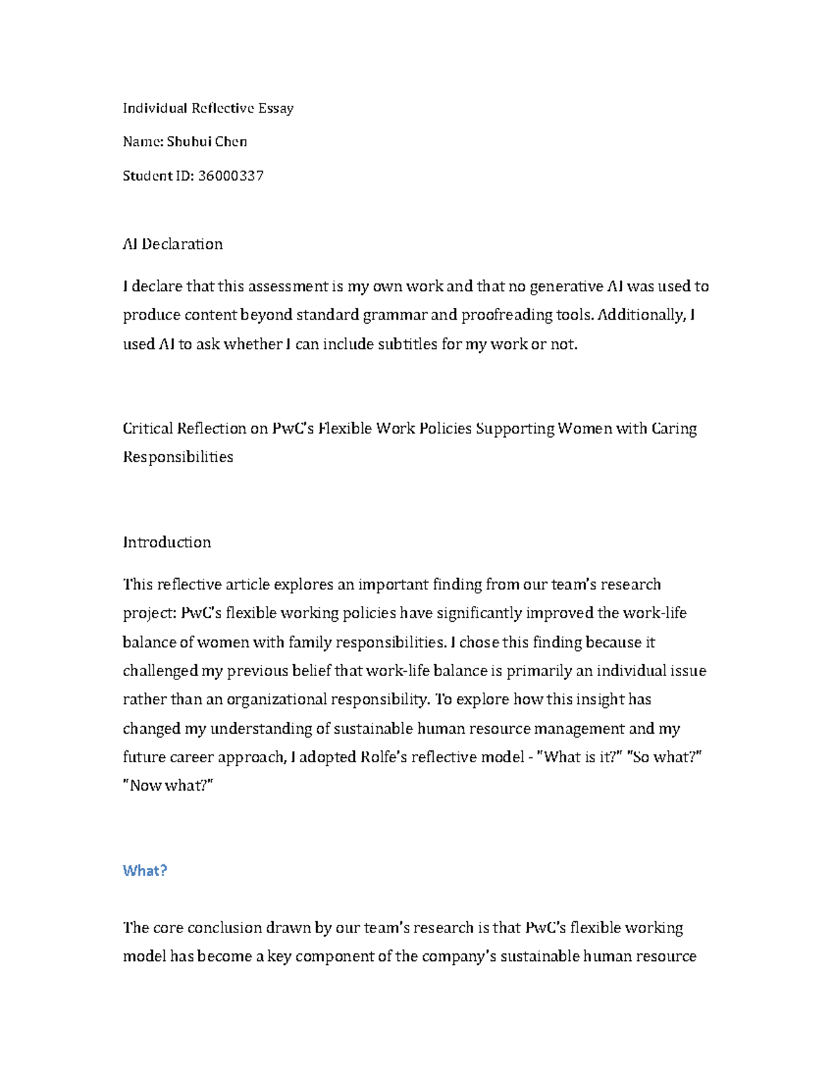 AI Course: Assignment 3b Reflective Essay on Flexible Work Policies ...