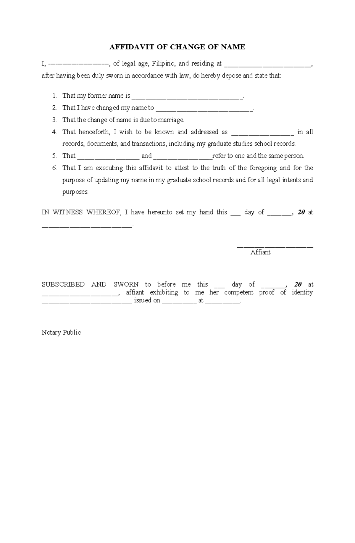 Template Affidavit of Change of Name for Graduate Records - Studocu