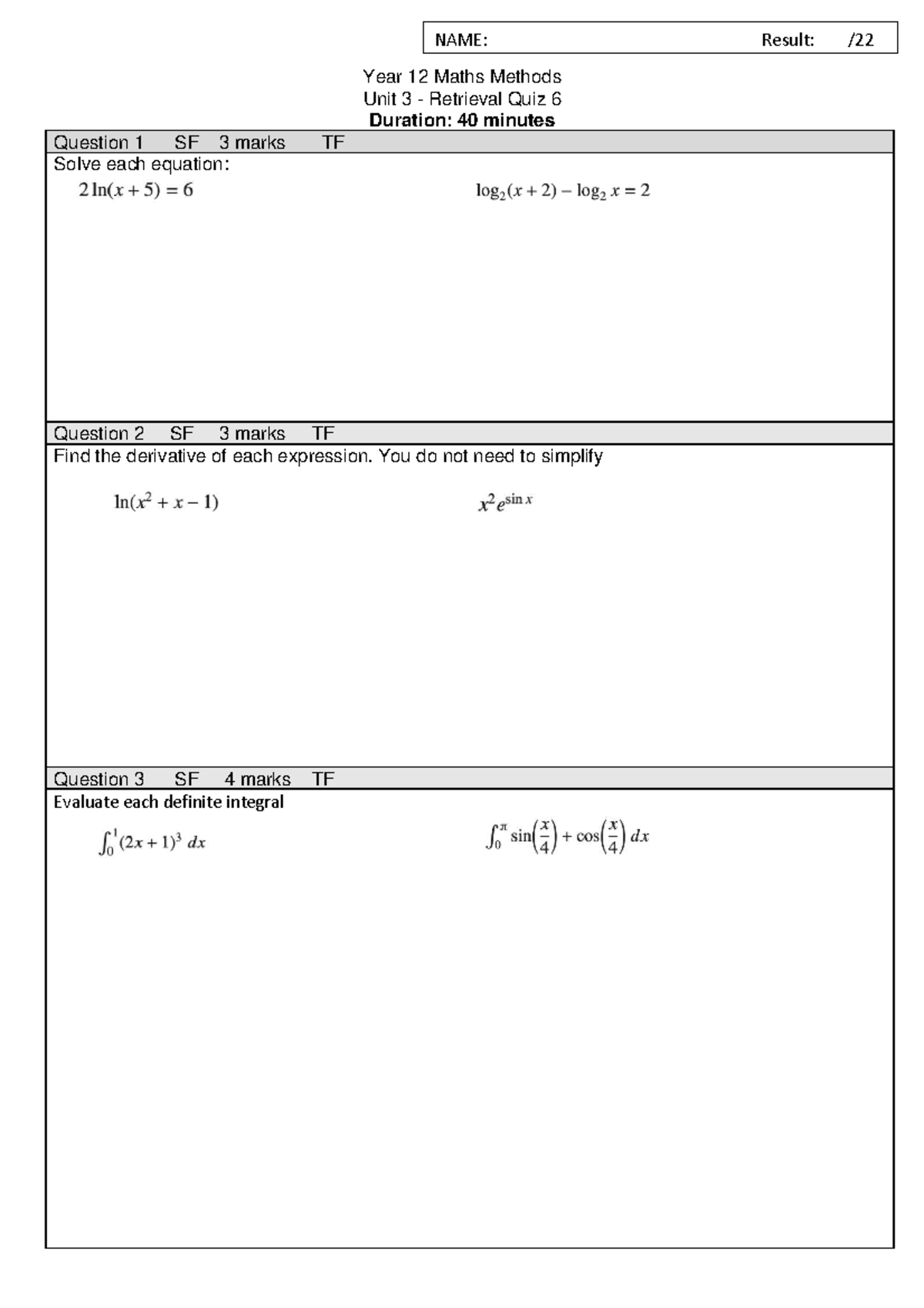 Year 12 Maths Methods Unit 3 Retrieval Quiz 6 - 40 Min Duration - Studocu