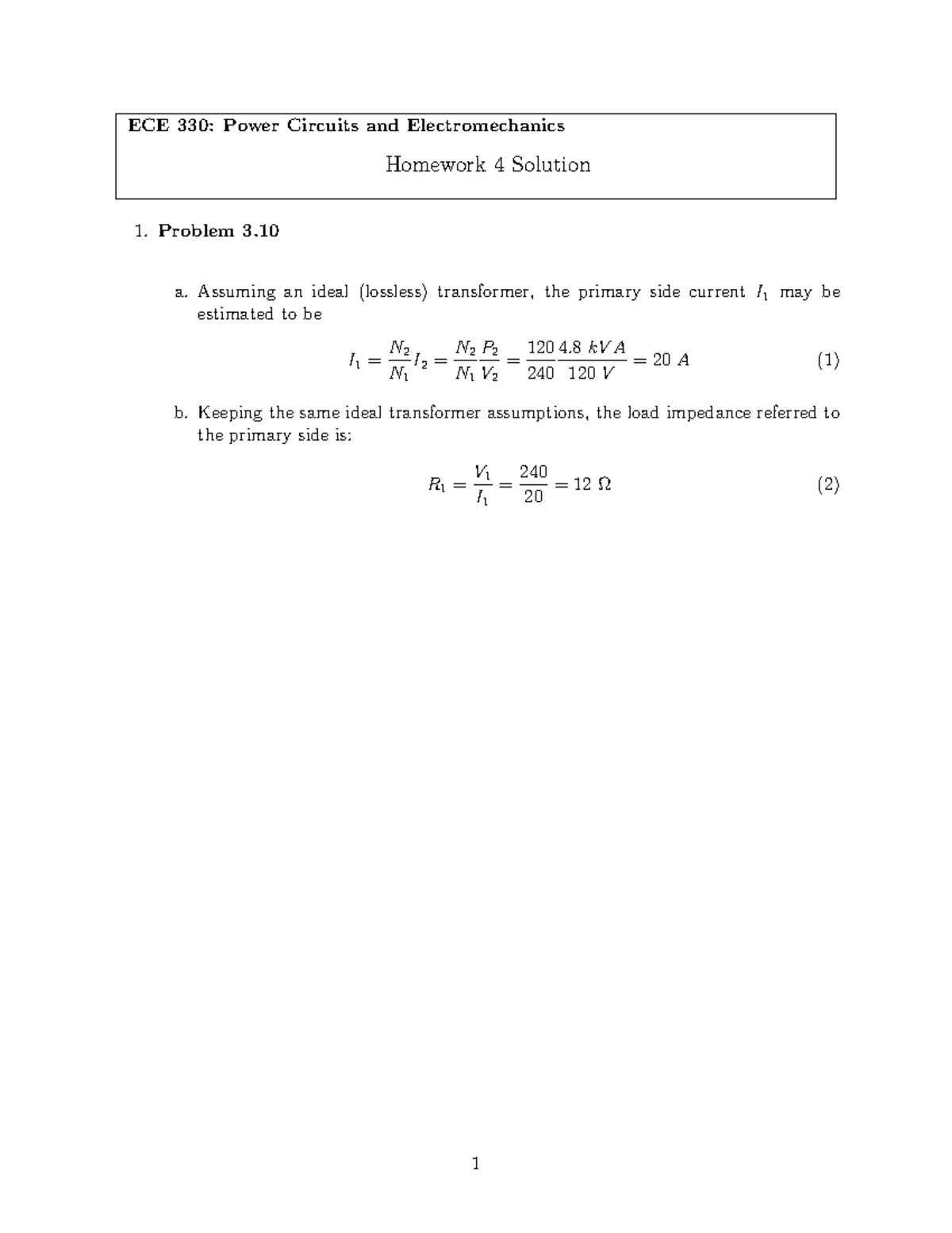 ECE 330: Spring 2019 Homework 4 Solution on Power Circuits - Studocu