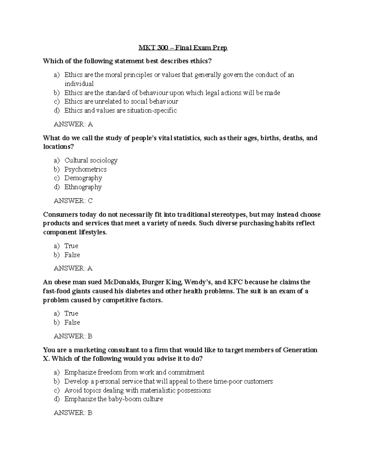 MKT 300 - Comprehensive Final Exam Study Guide - Studocu