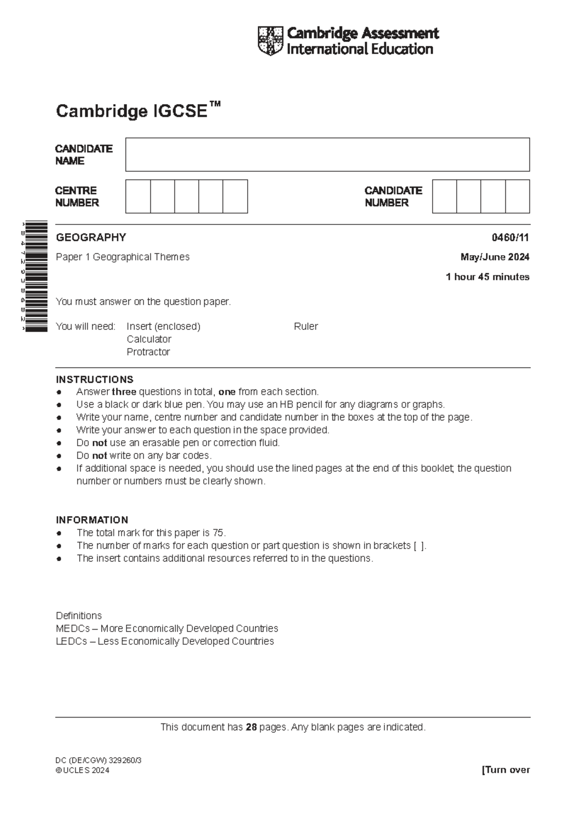 Cambridge 0460 Geography 2024 Paper 1: Geographical Themes Exam Guide ...
