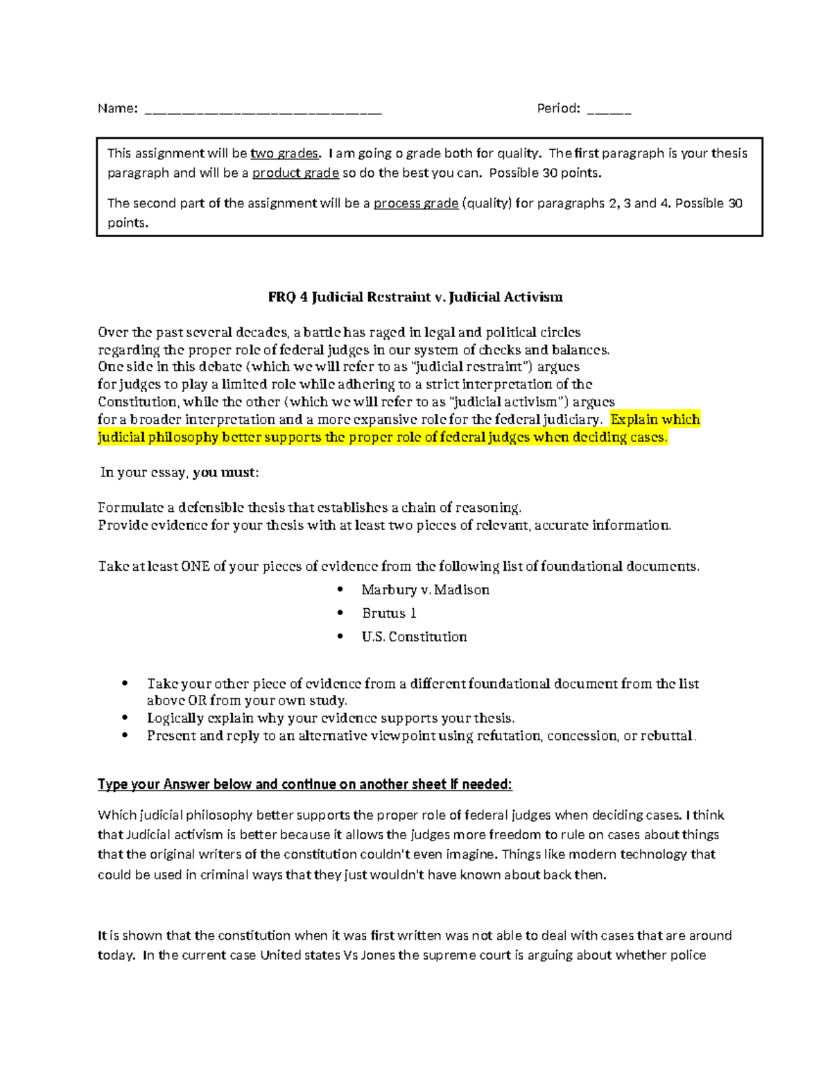 FRQ 4: Judicial Restraint vs. Judicial Activism Analysis - Studocu