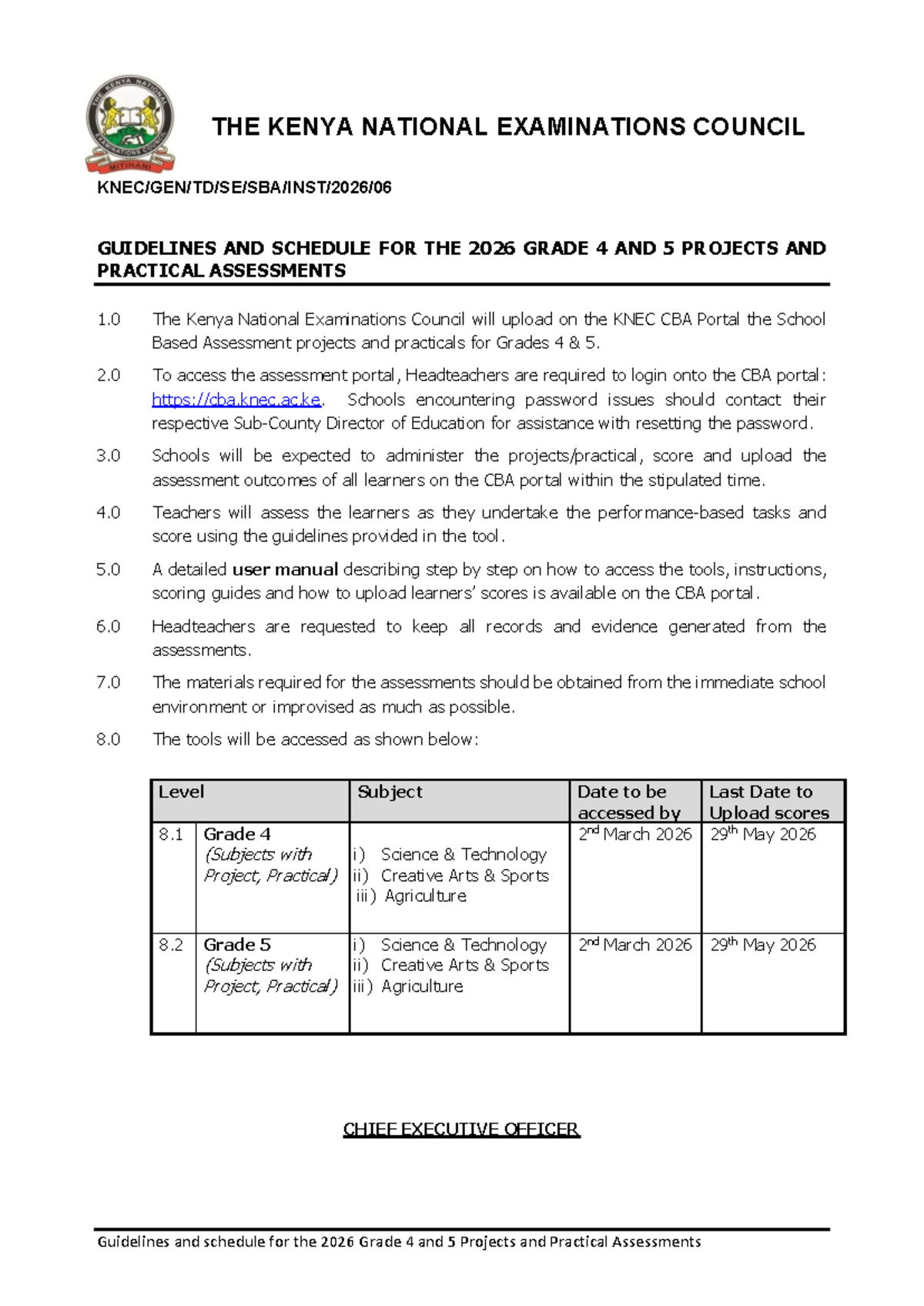 KNEC Guidelines & Schedule for 2026 Grade 4 & 5 Assessments - Studocu