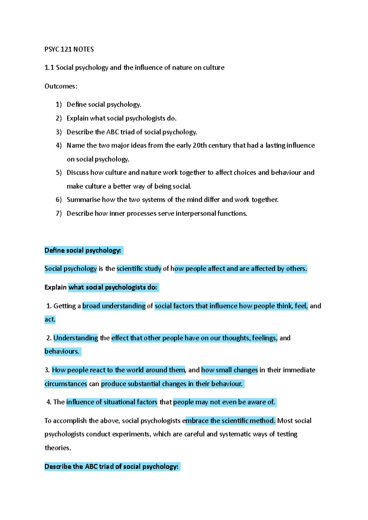 PSYC 121 FINAL EXAM NOTES: Social Psychology & Nature-Culture Influence ...