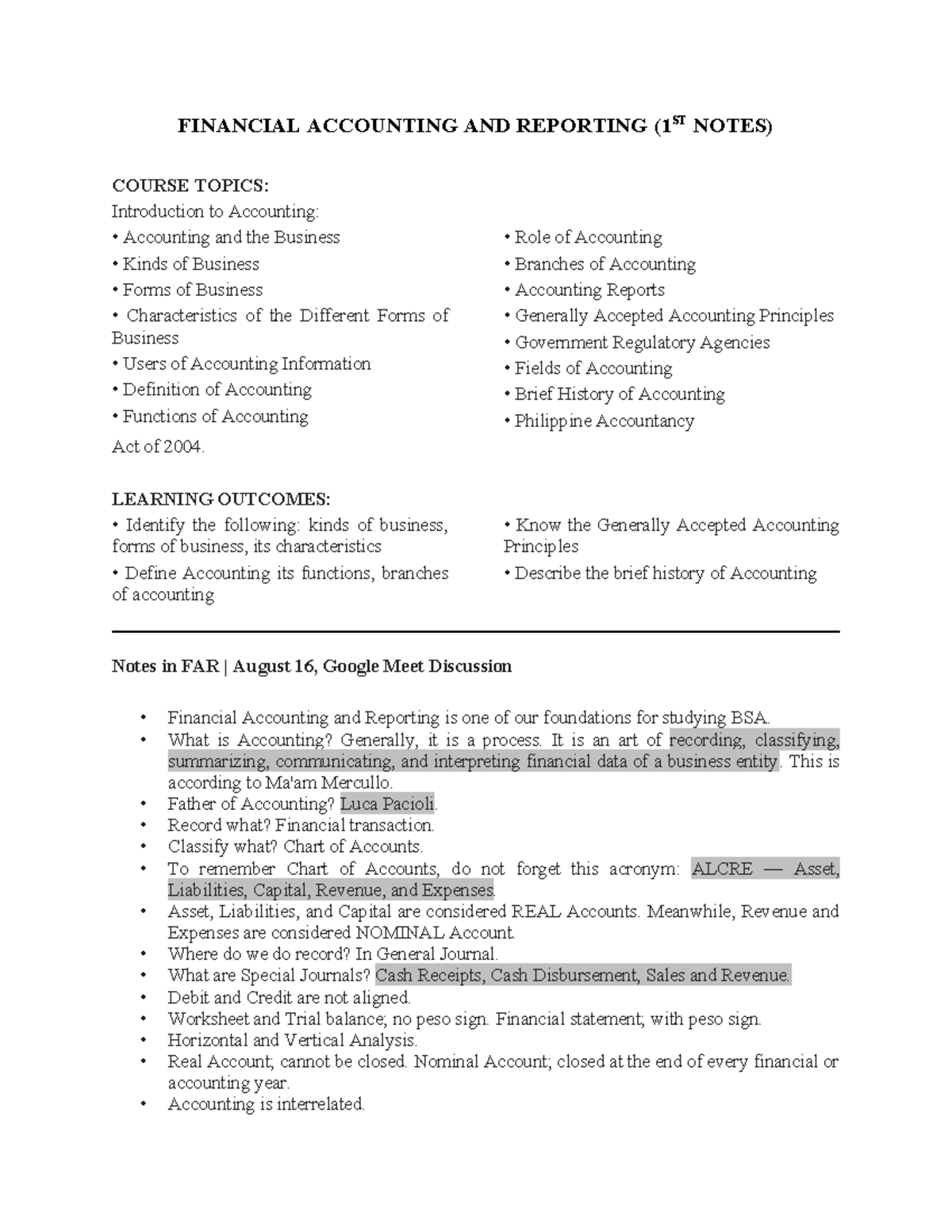 Far notes 1 - basic accounting infos, hope it helps - FINANCIAL ...