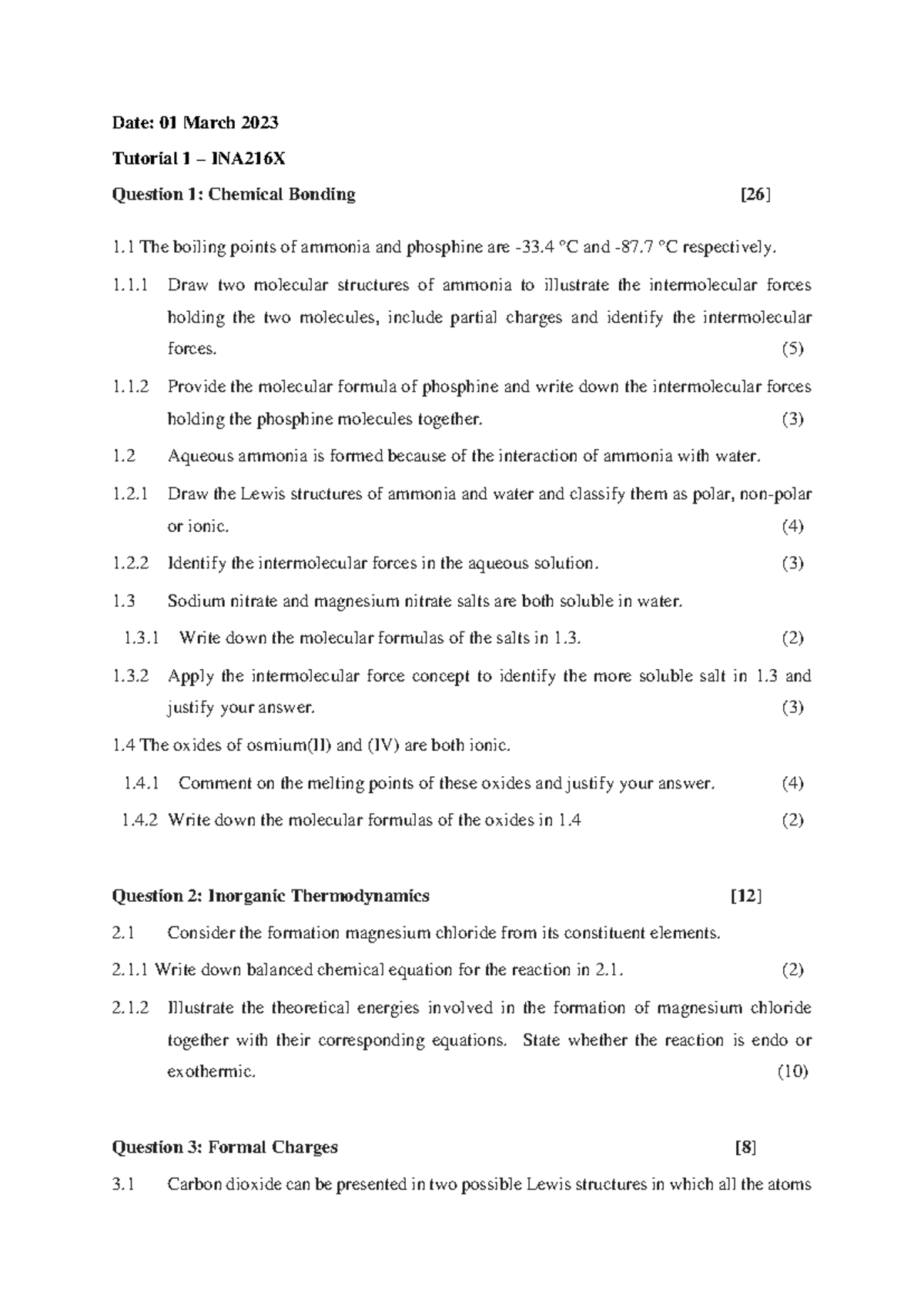 Tutorial 1 INA216X: Chemical Bonding, Thermodynamics & REDOX Reactions ...