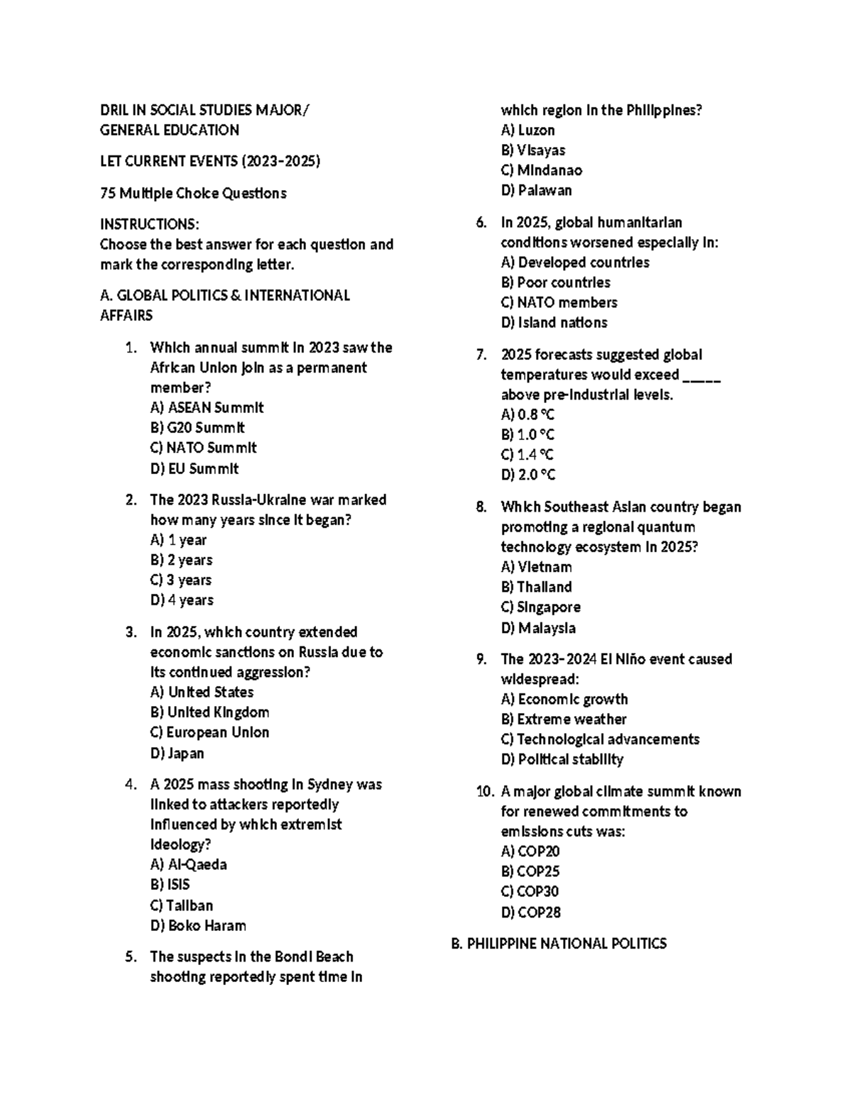 DRILL IN SOCIAL STUDIES MAJOR: CURRENT EVENTS MCQs (DEC 2025) - Studocu
