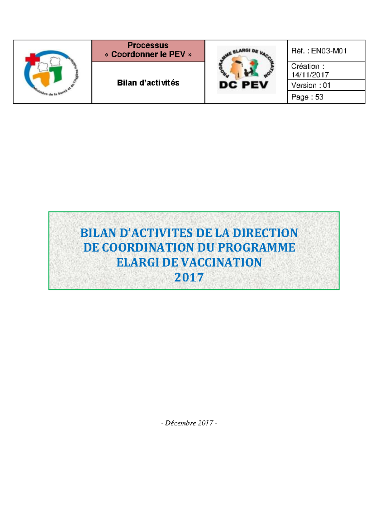 Rapport d'Activités 2017 - Direction de Coordination PEV (DC-PEV) - Studocu