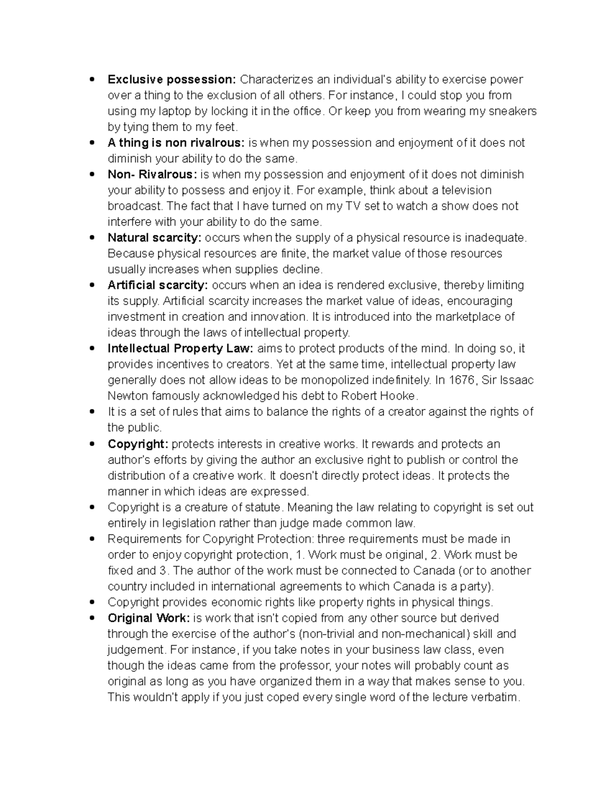 IP Quiz Notes: Understanding Exclusive Possession and Copyright Law ...