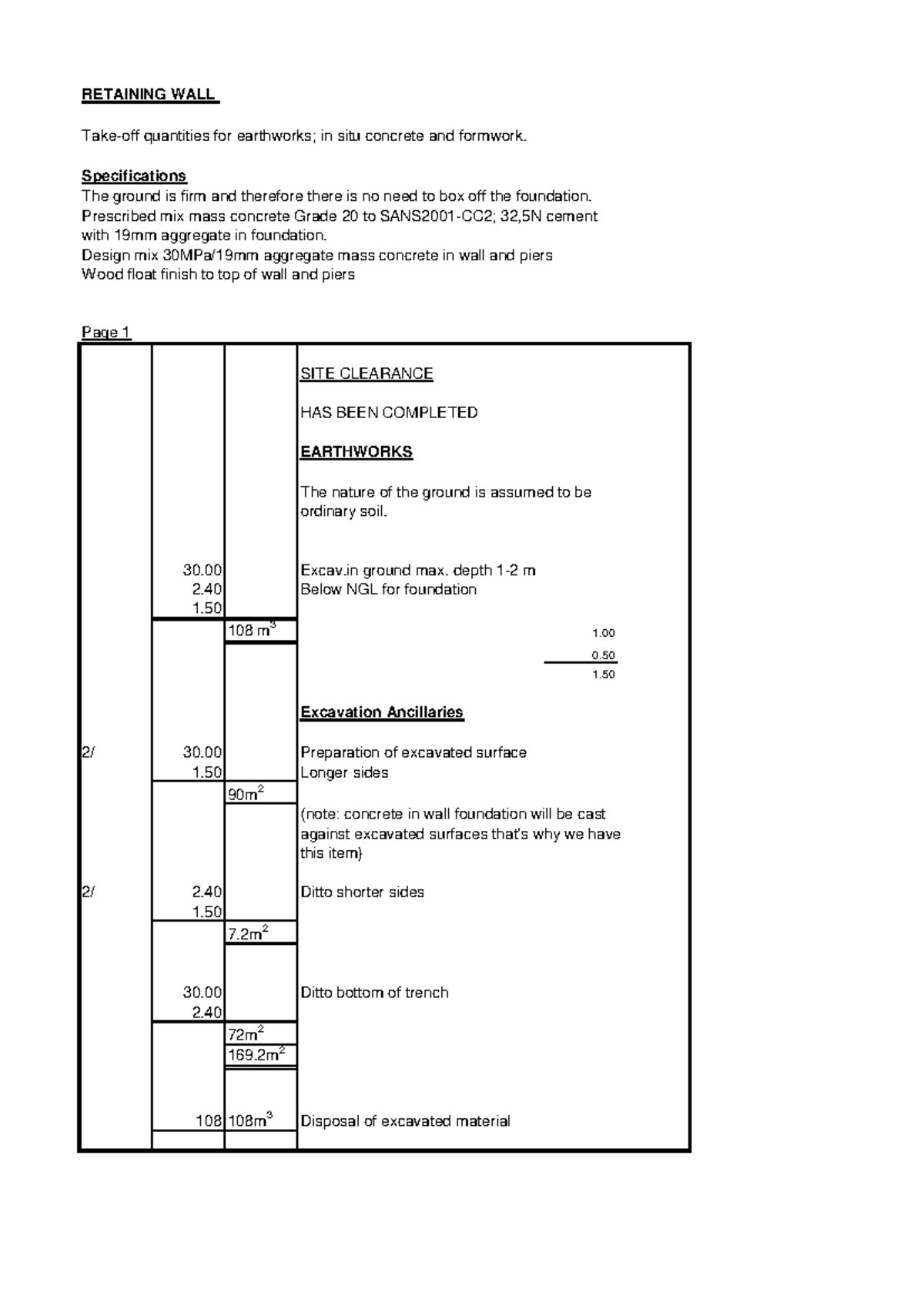 Retaining Wall Detailed Drawing & Take-off Quantities - Memo No. 5 ...
