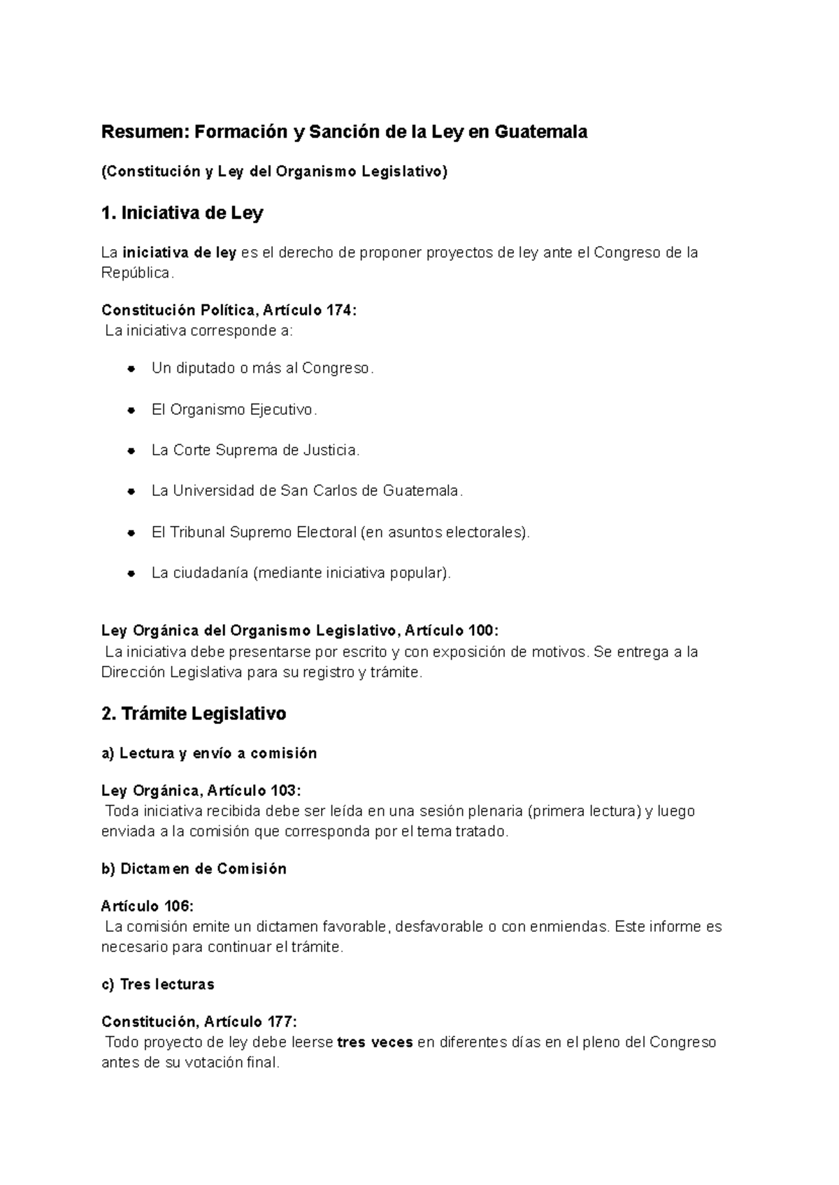 Resumen: Formación y Sanción de la Ley en Guatemala - Constitución y ...
