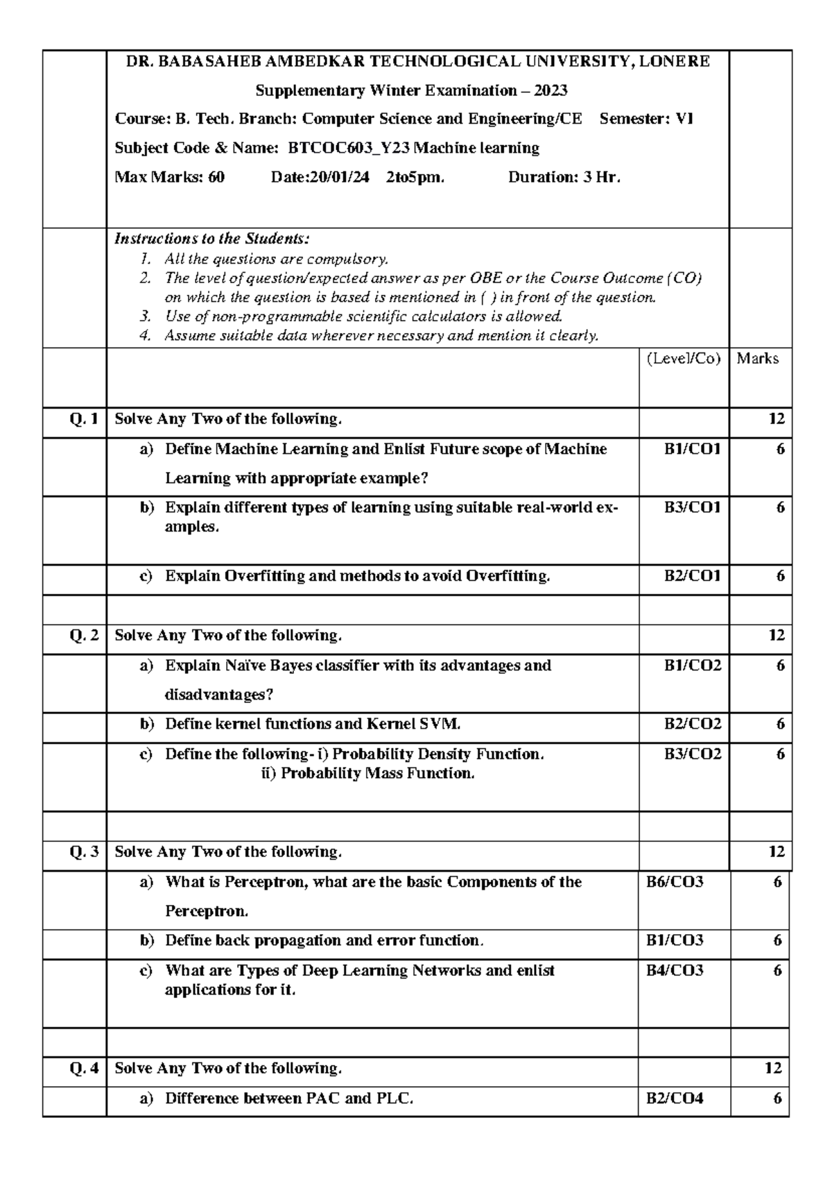 Machine Learning Exam Paper BTCOC603 - Winter 2023 - Studocu