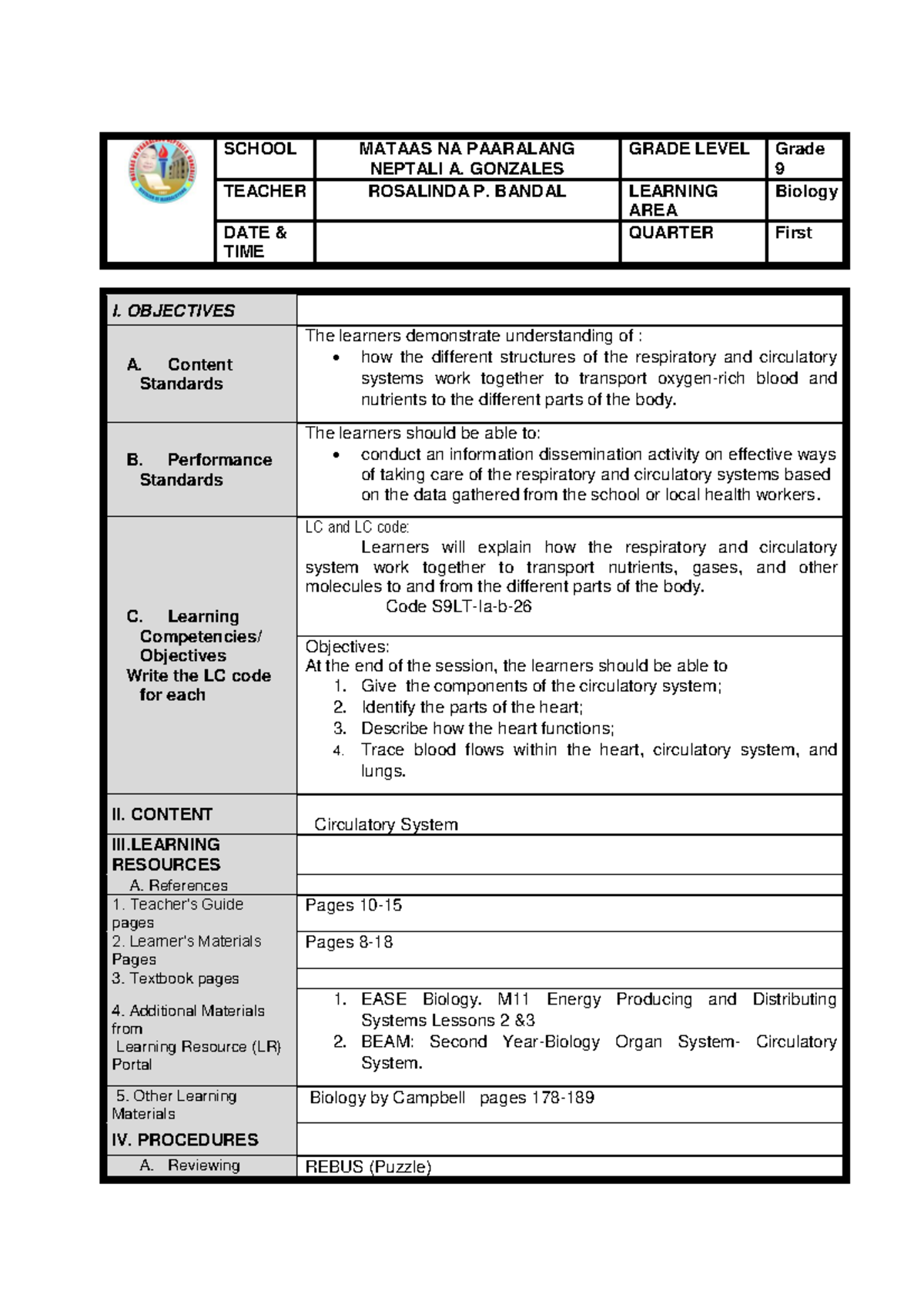 LR DLP Circulatory System: Biology Grade 9 Lesson Plan and Activities ...