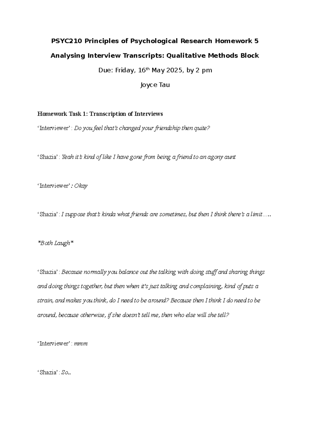 PSYC210 Homework 5: Analyzing Interview Transcripts in Qualitative ...