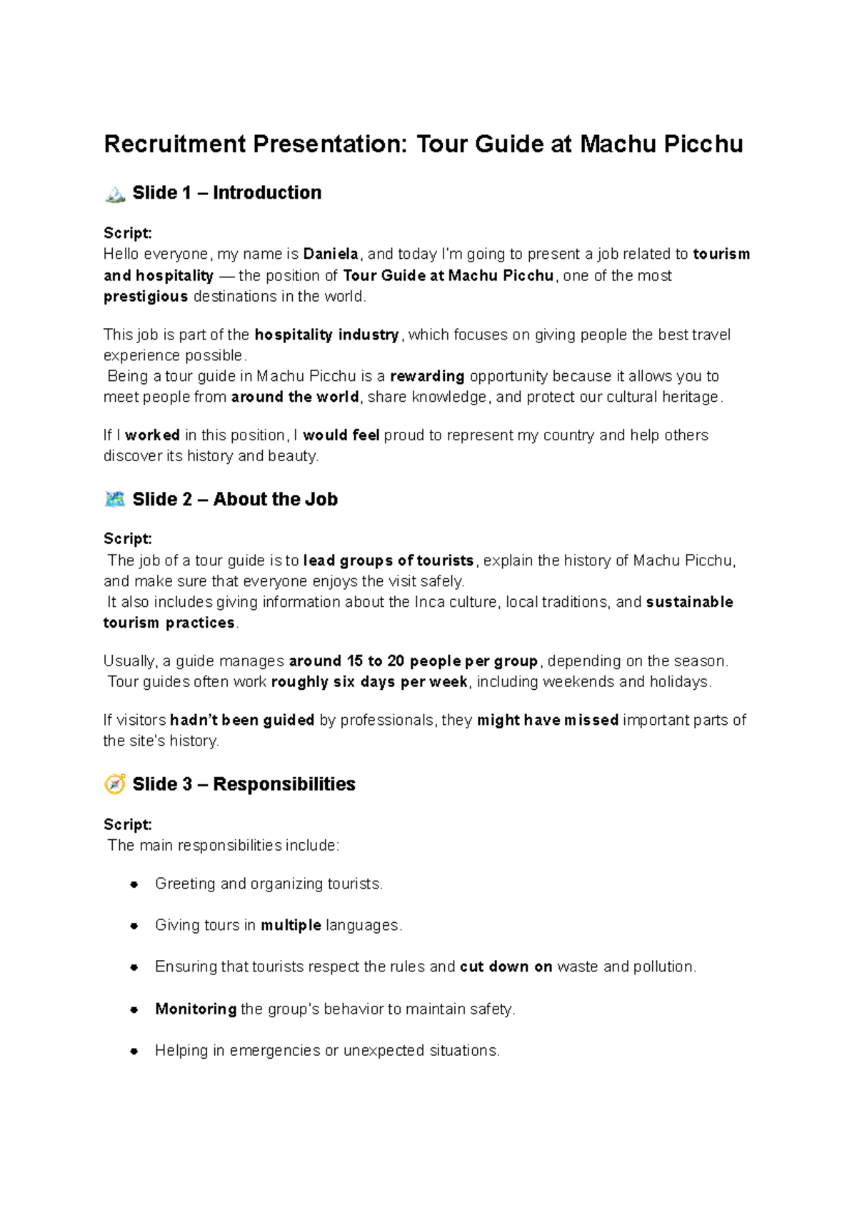 Recruitment Presentation: Tour Guide Role at Machu Picchu (Script Adv ...
