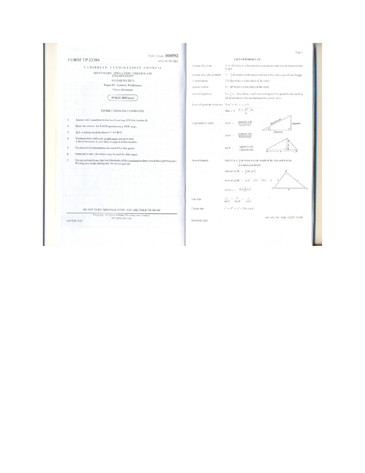 CSEC Mathematics Paper 02 General Proficiency Exam May 2003 - Studocu