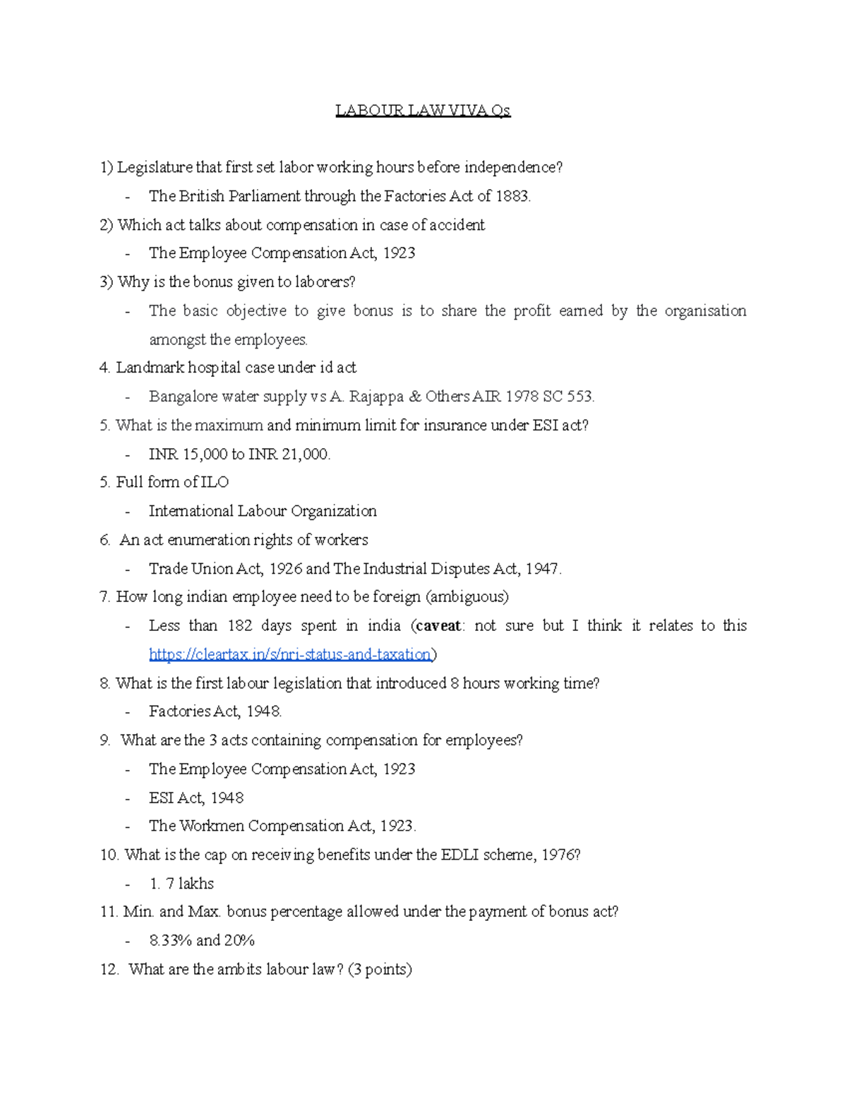 Labour Law VIVA Questions and Key Concepts Overview - Studocu