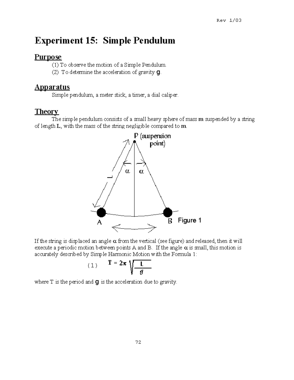 Rev Experiment 15: Simple Pendulum Motion and Gravity Measurement - Studocu