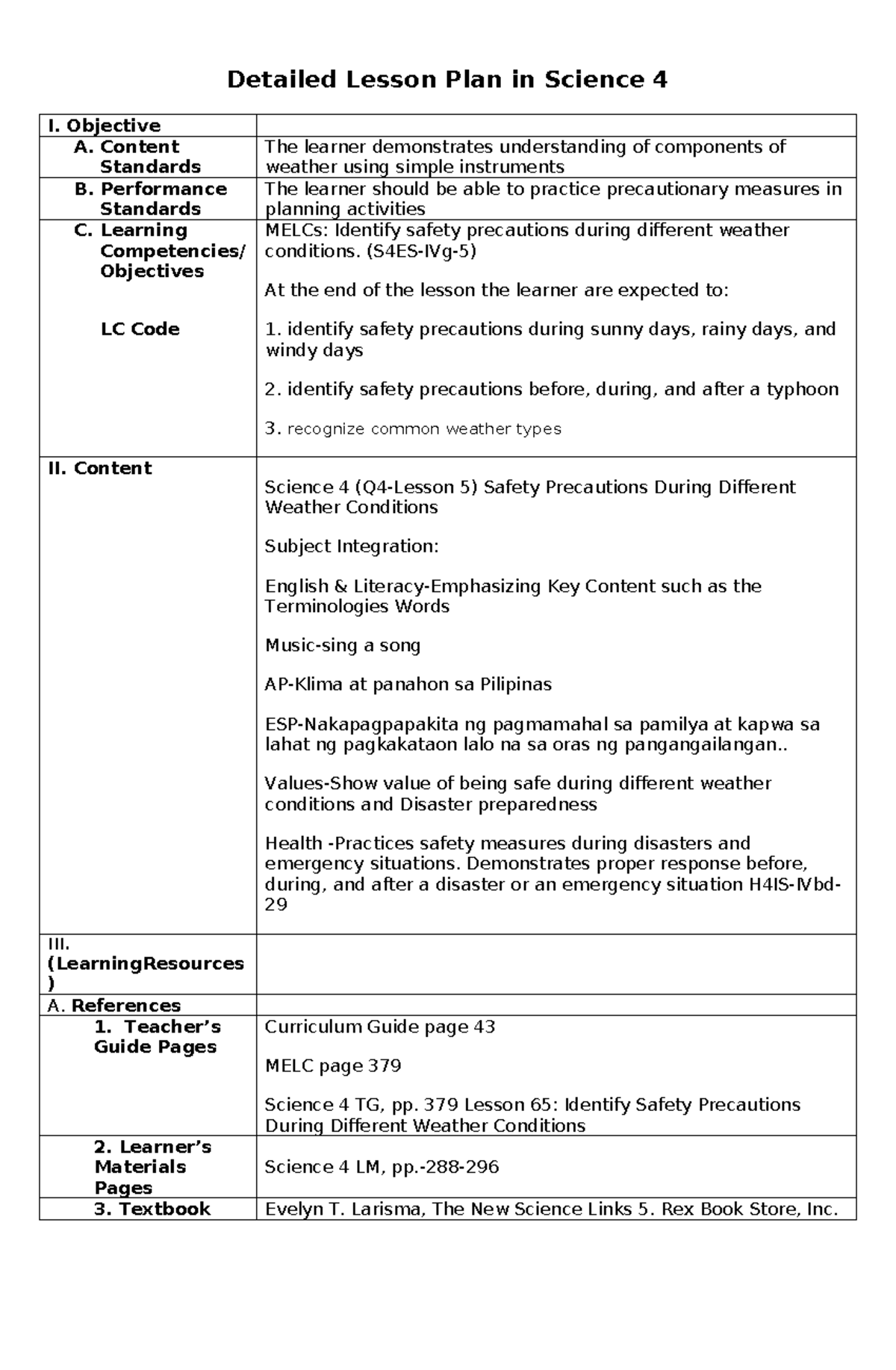 Lesson Plan: Safety Precautions for Weather Conditions in Science 4 ...