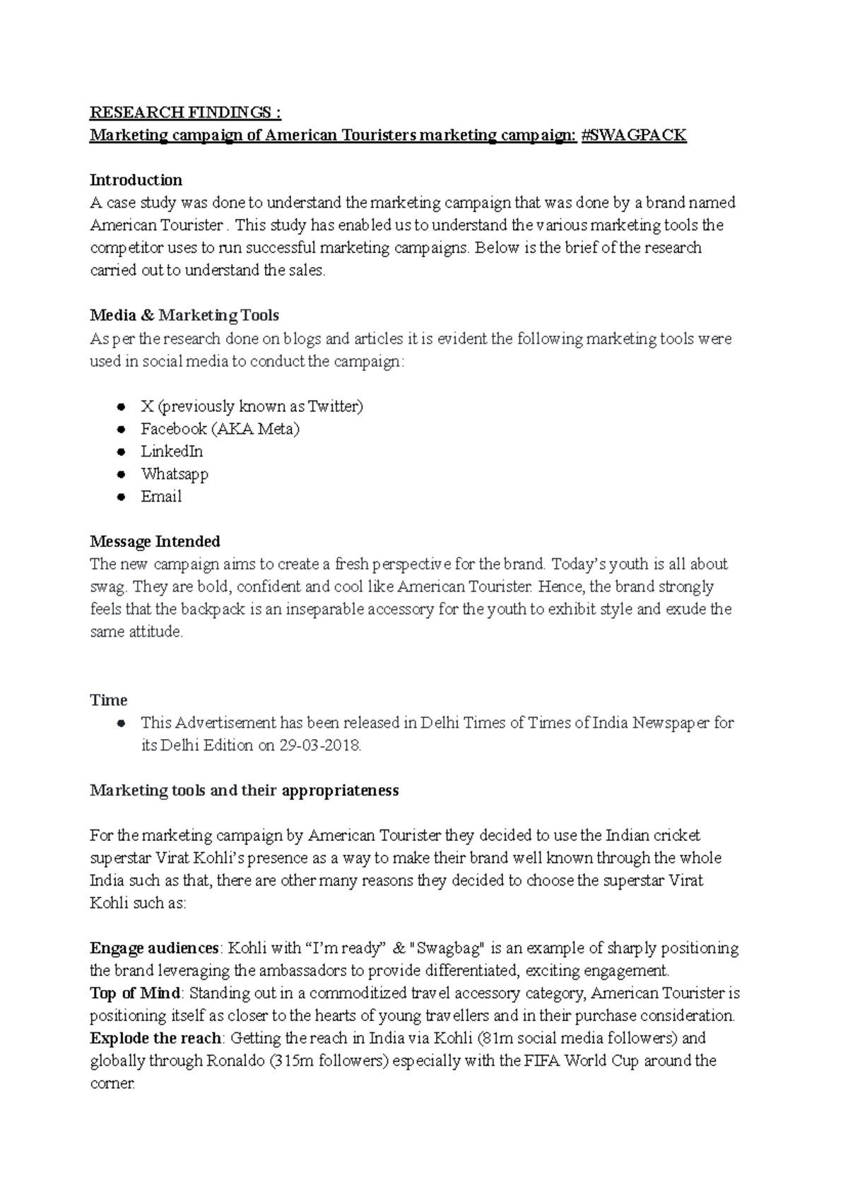 Research Appendix - RESEARCH FINDINGS : Marketing campaign of American ...