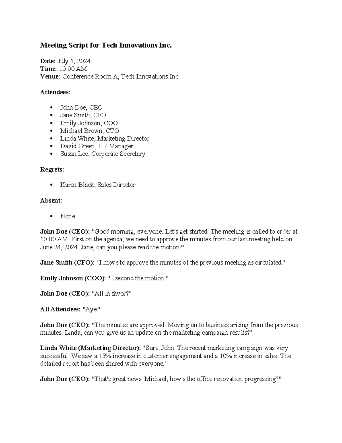 Meeting Script for Tech Innovations Inc - Date: July 1, 2024 Time: 10: ...