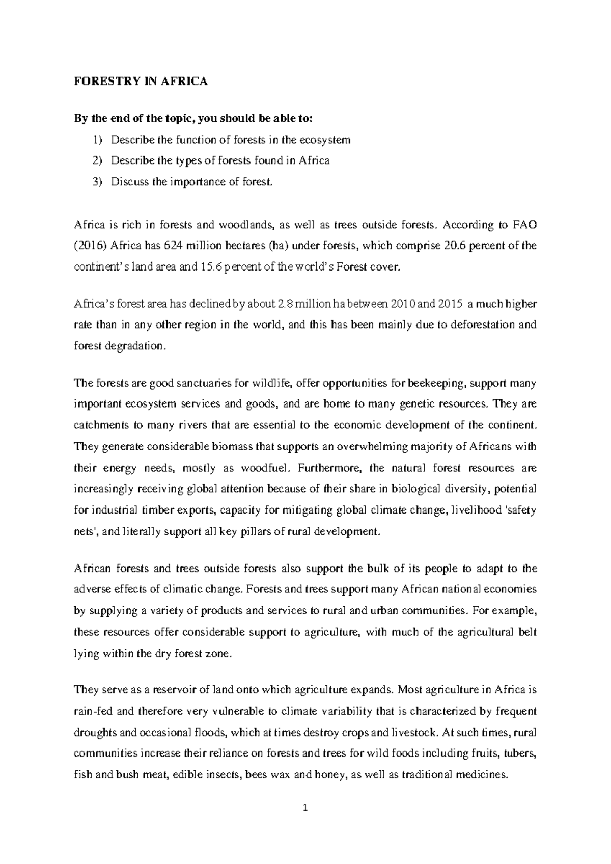 Forestry in Africa - Lecture Notes on Ecosystem Importance & Management ...