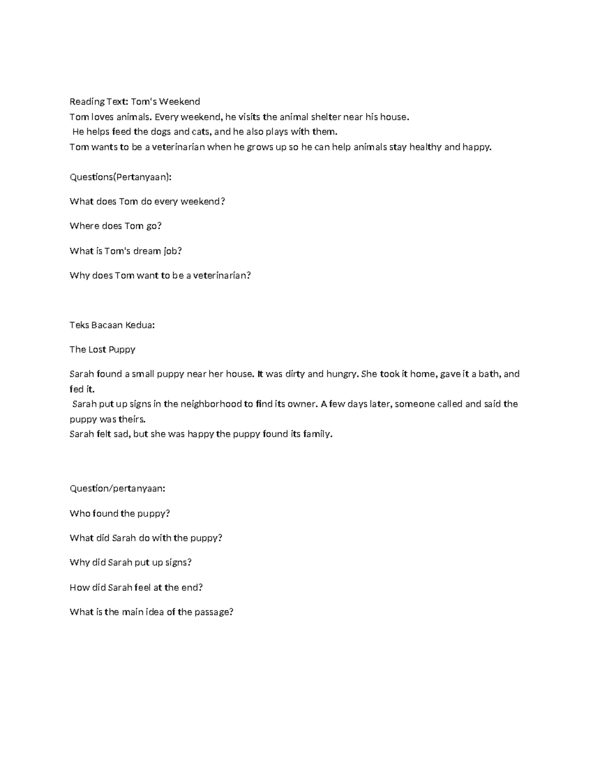 Bhs Inggris: Reading Comprehension on Animals and Care - Studocu