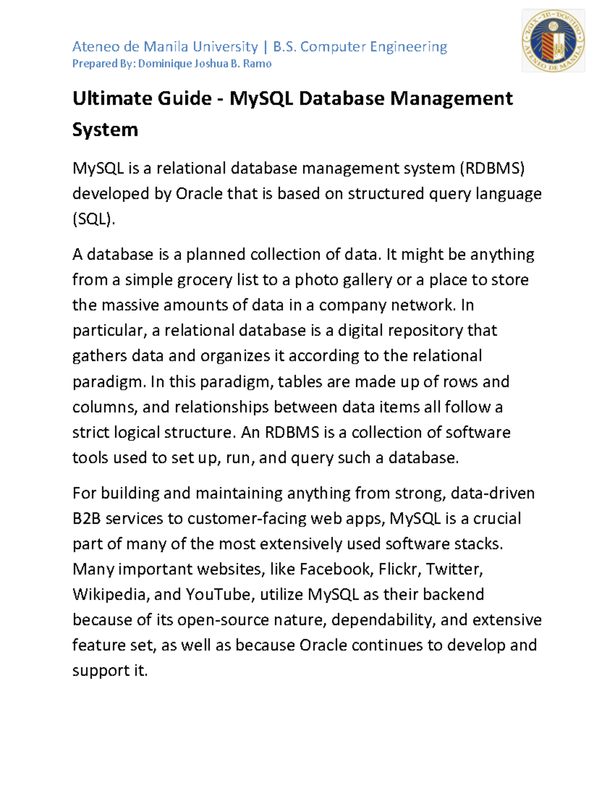 Study Guide - My SQL Database Management System - Prepared By ...