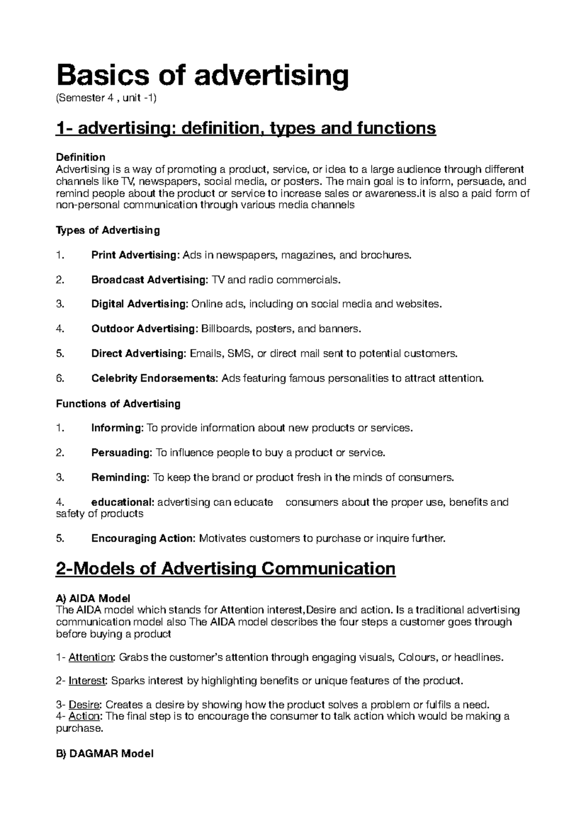 Basics of Advertising unit 1 - Basics of advertising (Semester 4 , unit ...